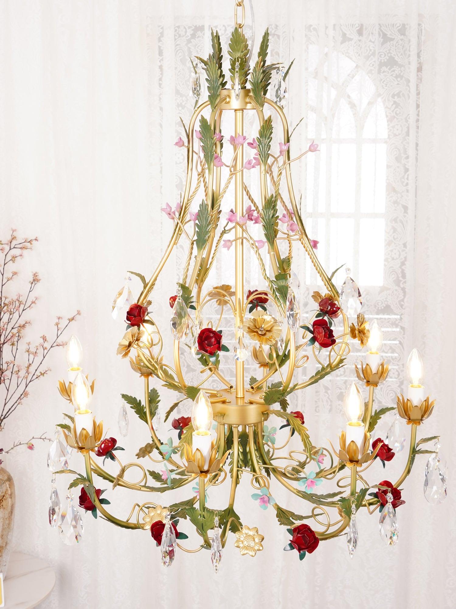 Lustra Chandelier Brass Floral Rose Crystal Candle - Letslighting