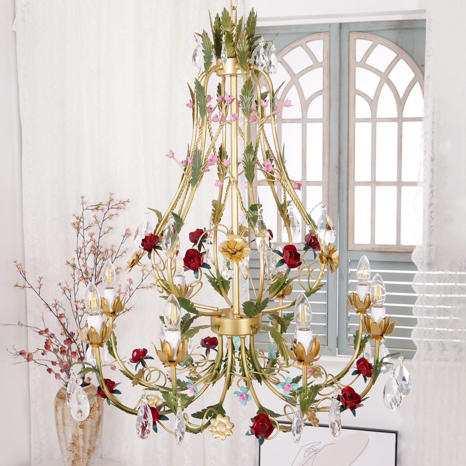 Lustra Chandelier Brass Floral Rose Crystal Candle - Letslighting