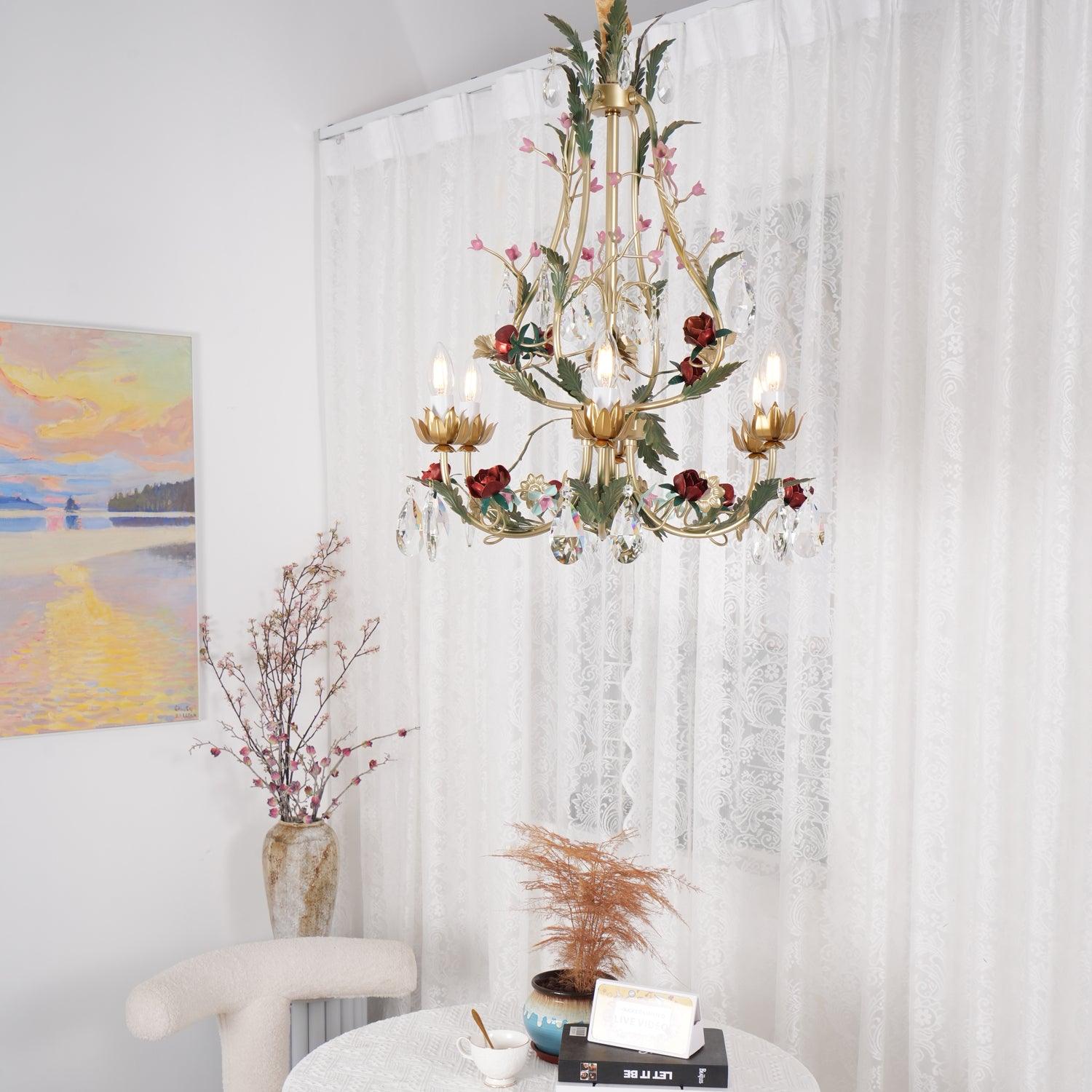 Lustra Chandelier Brass Floral Rose Crystal Candle - Letslighting