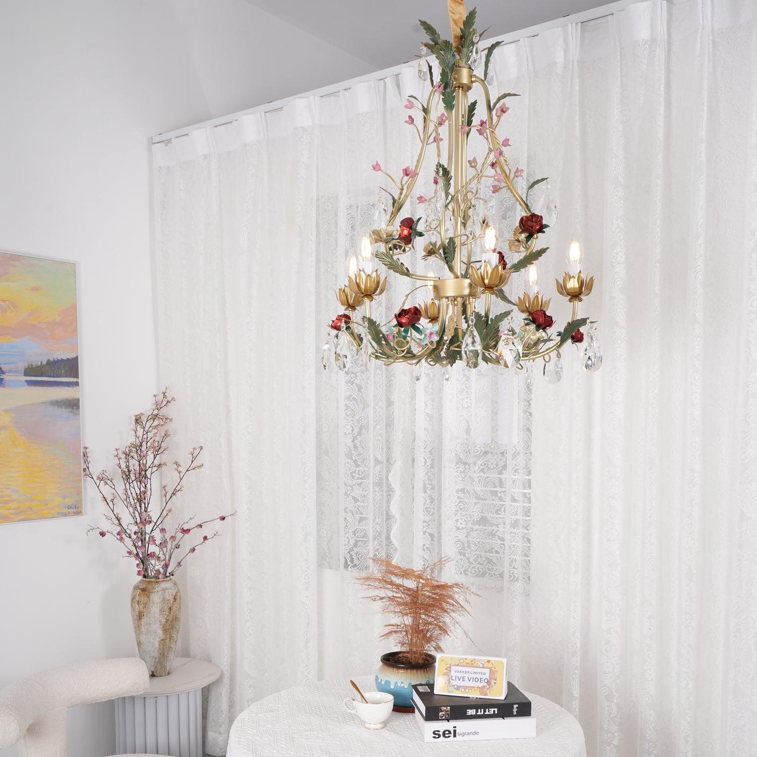 Lustra Chandelier Brass Floral Rose Crystal Candle - Letslighting