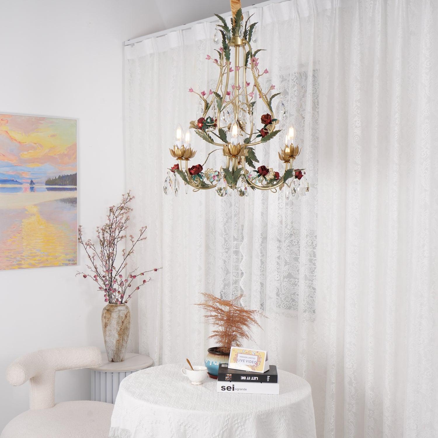 Lustra Chandelier Brass Floral Rose Crystal Candle - Letslighting