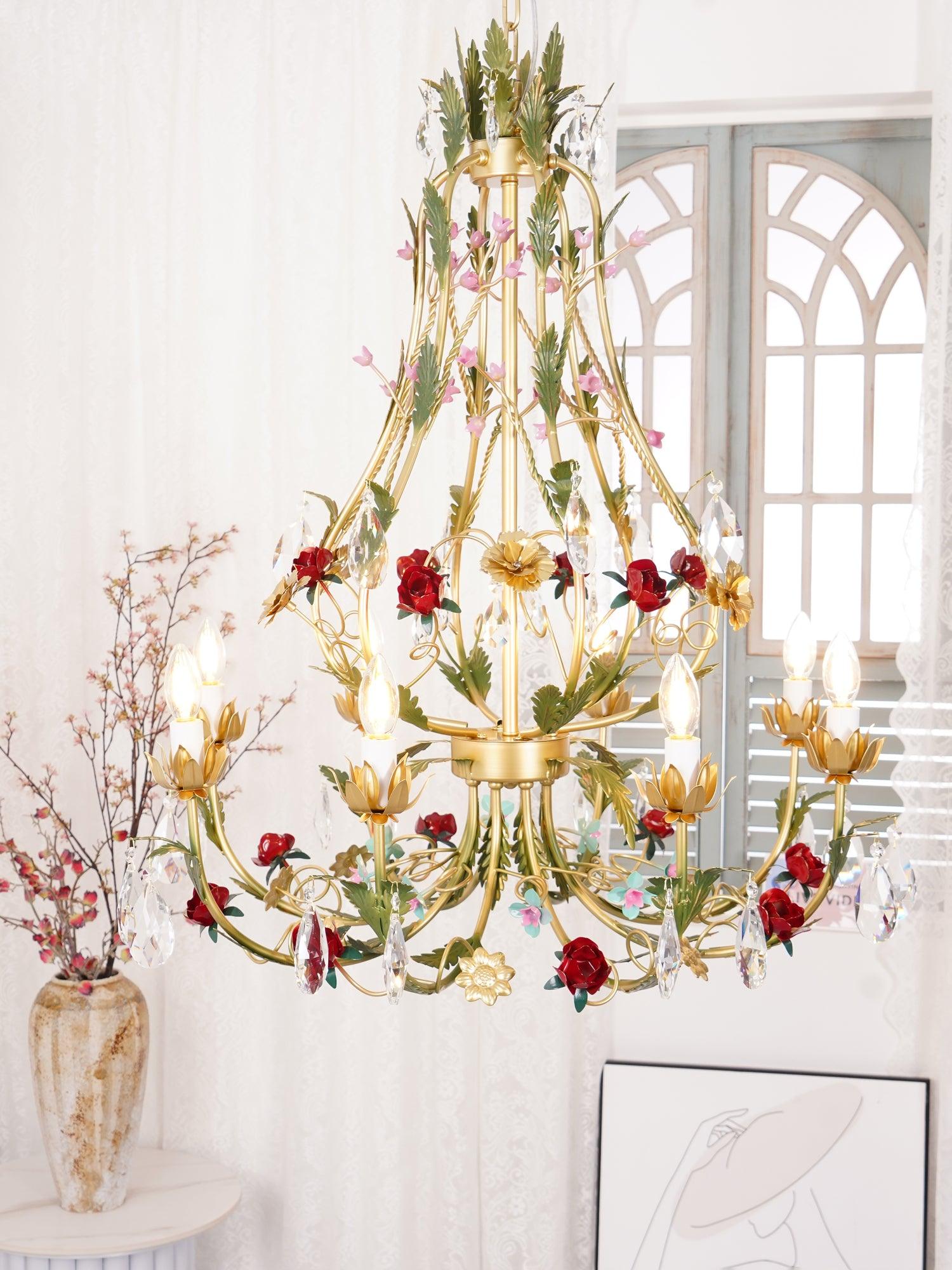 Lustra Chandelier Brass Floral Rose Crystal Candle - Letslighting