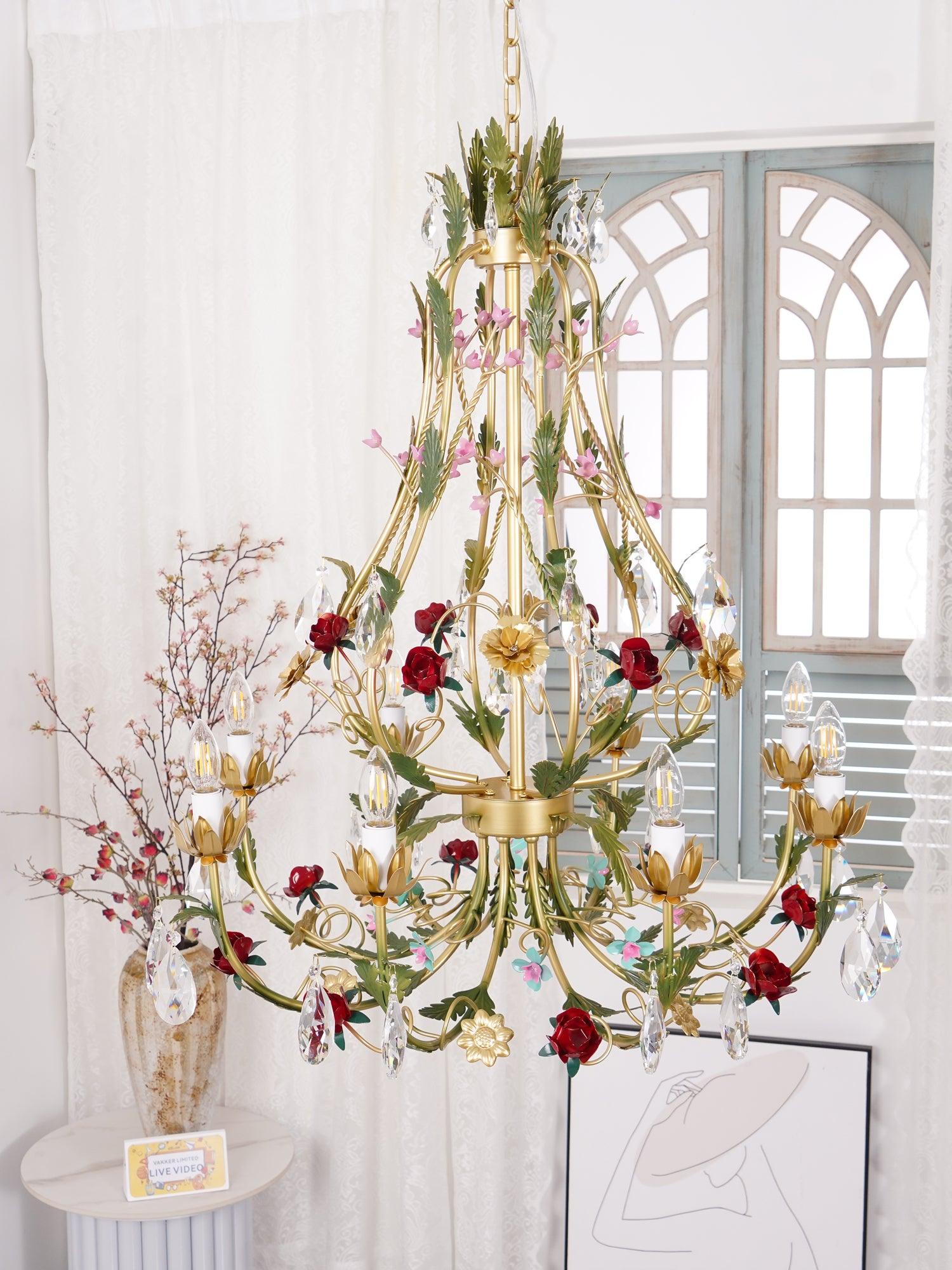 Lustra Chandelier Brass Floral Rose Crystal Candle - Letslighting