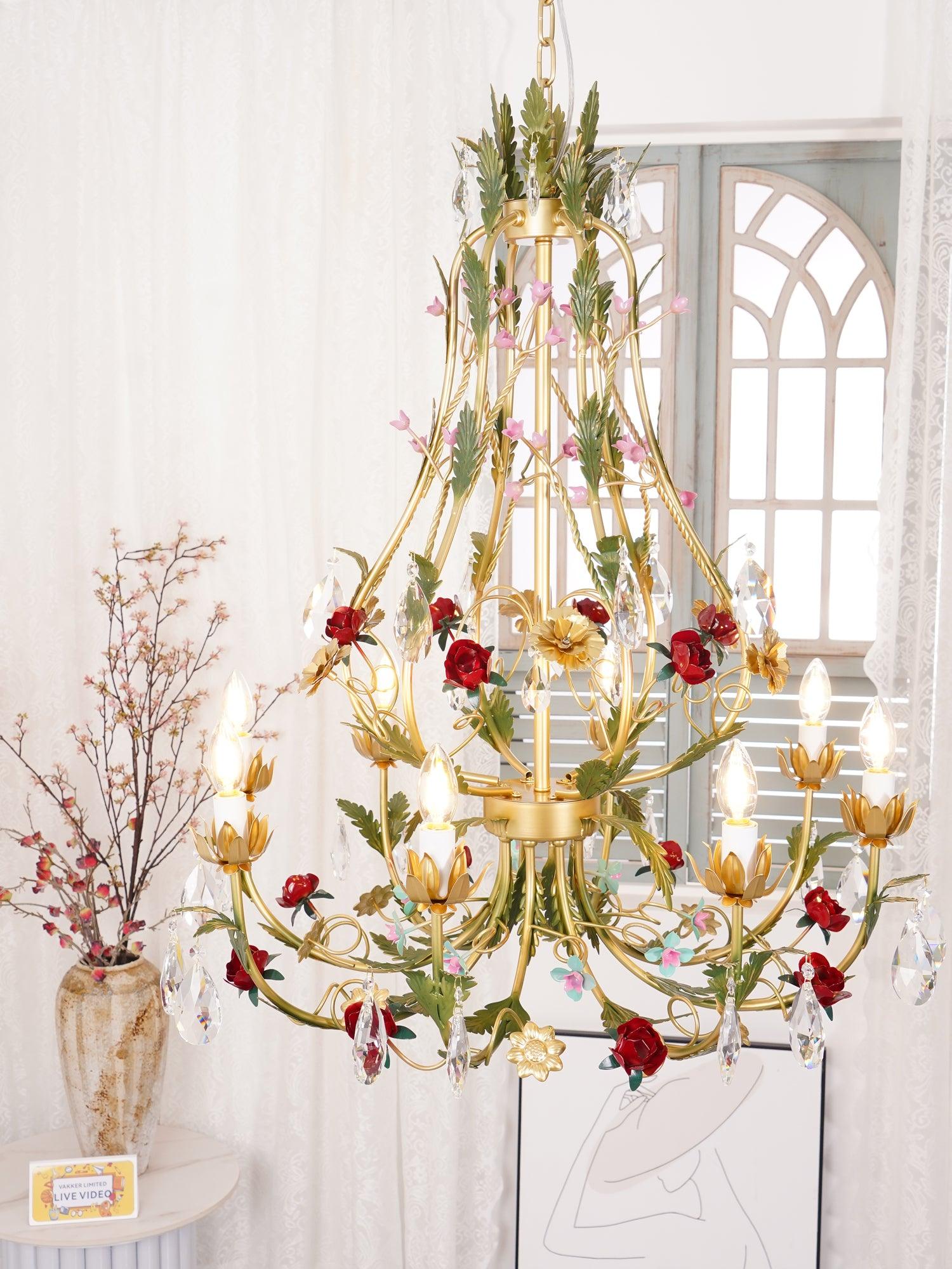 Lustra Chandelier Brass Floral Rose Crystal Candle - Letslighting