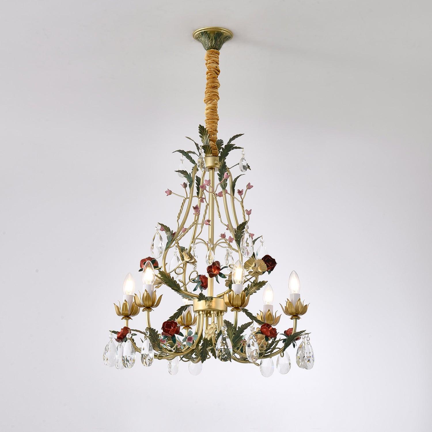 Lustra Chandelier Brass Floral Rose Crystal Candle - Letslighting