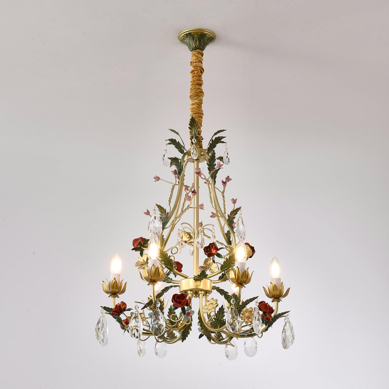 Lustra Chandelier Brass Floral Rose Crystal Candle - Letslighting