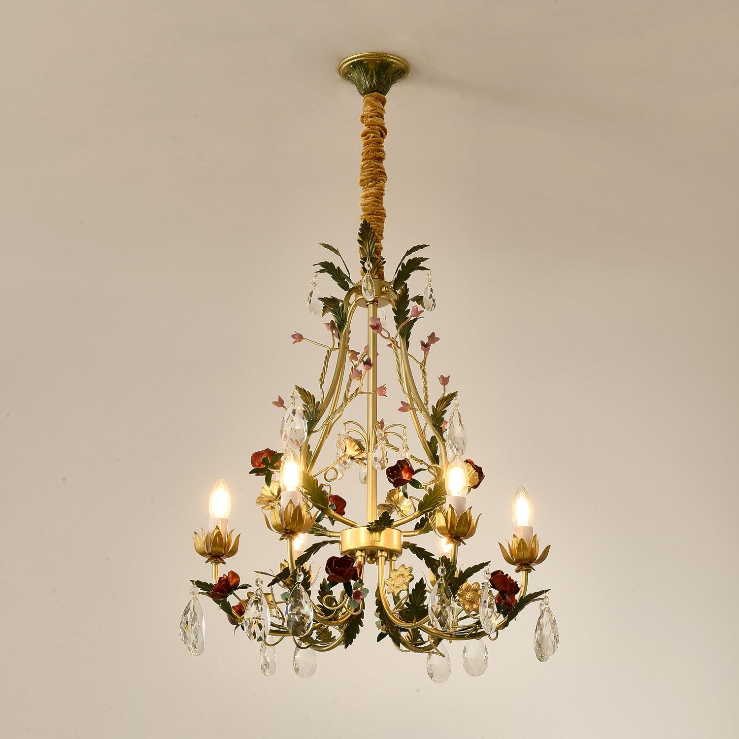 Lustra Chandelier Brass Floral Rose Crystal Candle - Letslighting