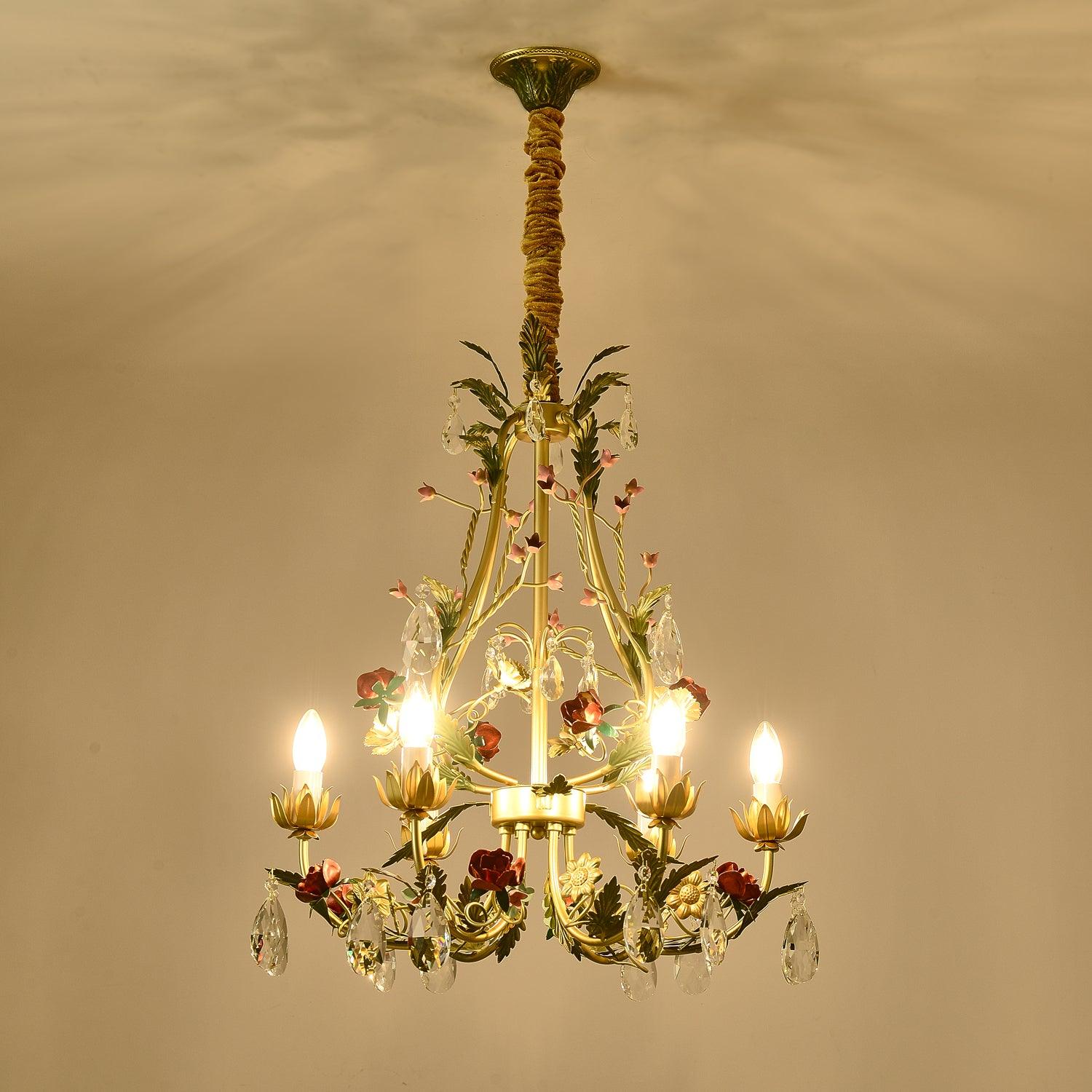 Lustra Chandelier Brass Floral Rose Crystal Candle - Letslighting