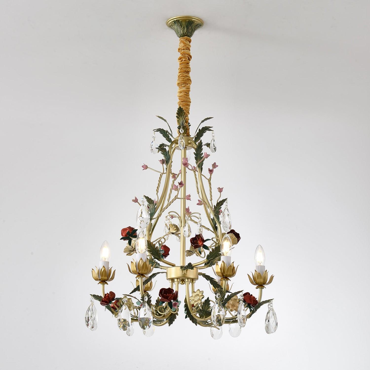 Lustra Chandelier Brass Floral Rose Crystal Candle - Letslighting