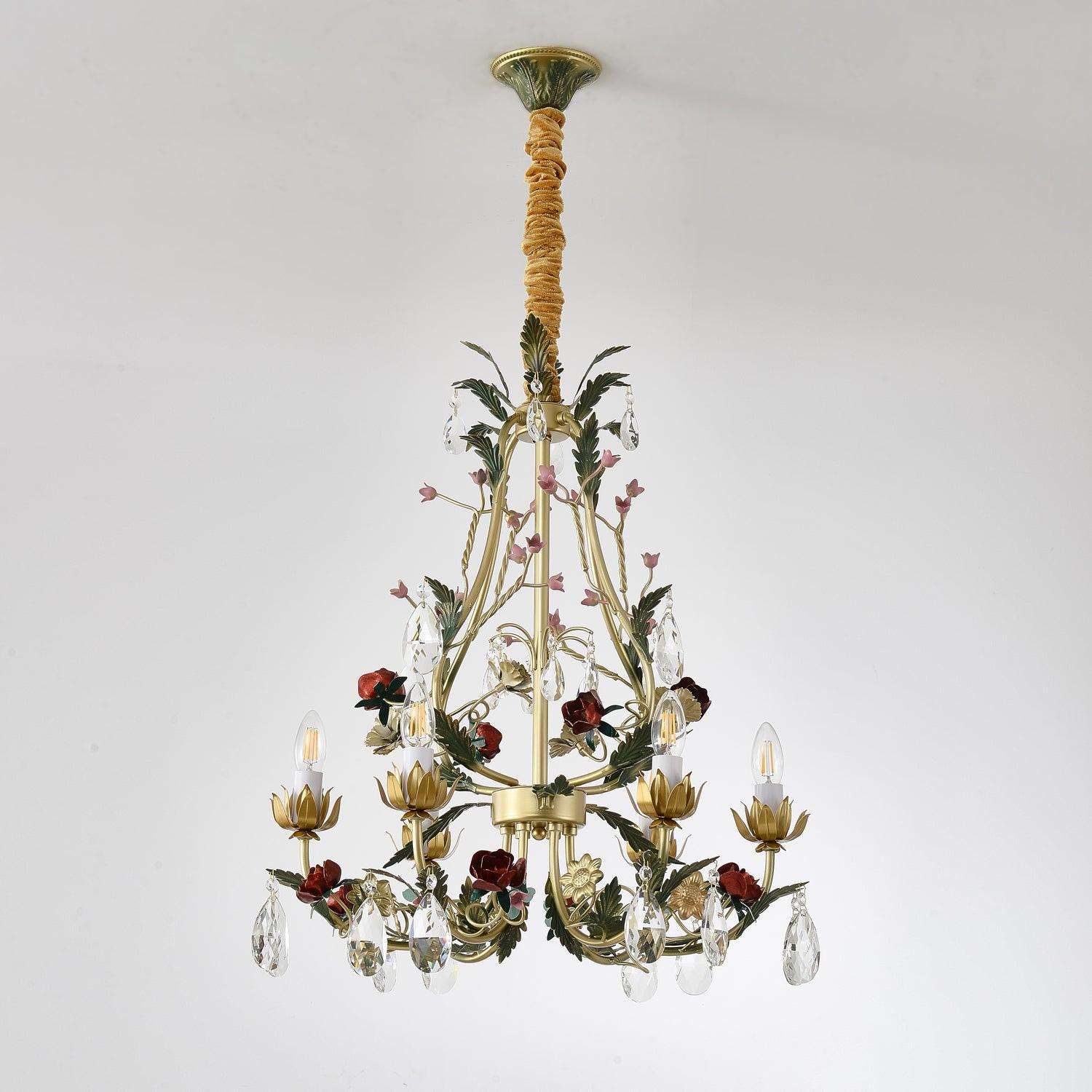 Lustra Chandelier Brass Floral Rose Crystal Candle - Letslighting