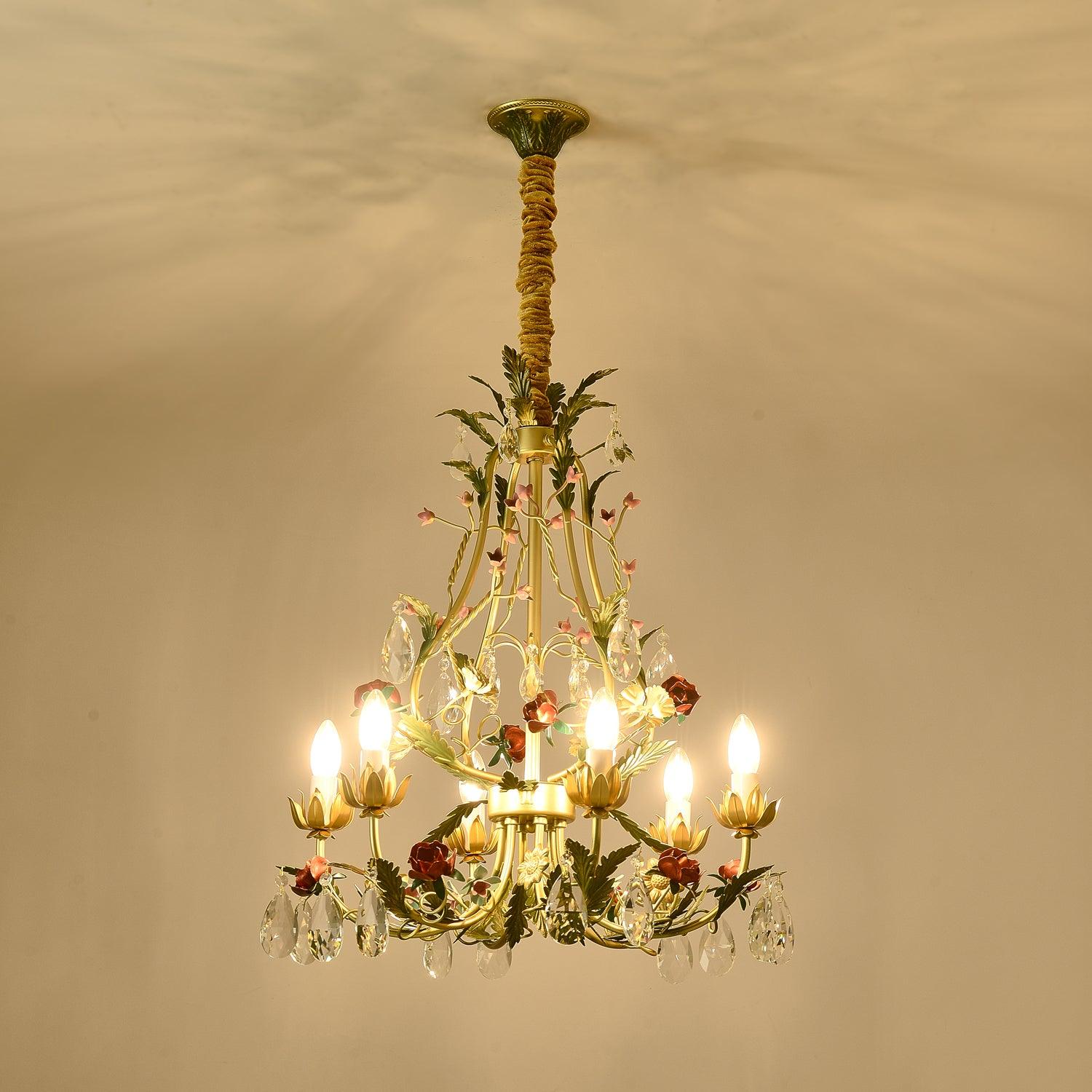 Lustra Chandelier Brass Floral Rose Crystal Candle - Letslighting