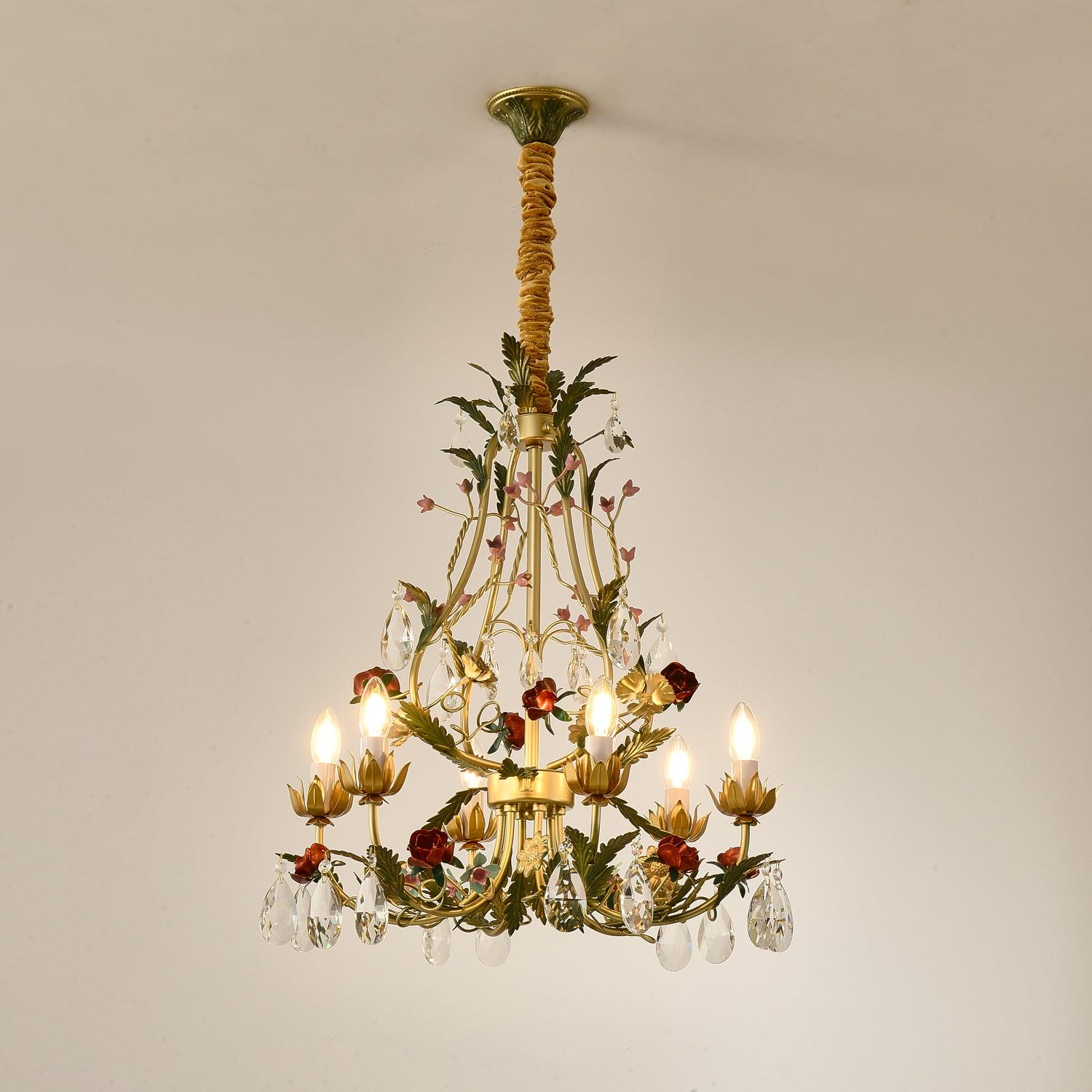 Lustra Chandelier Brass Floral Rose Crystal Candle - Letslighting