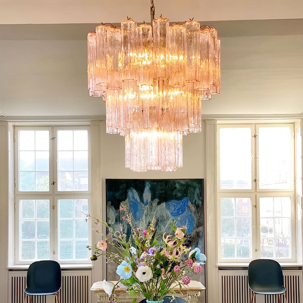 Aurora Chandelier Pink Glass Tubes Layered Modern - Letslighting