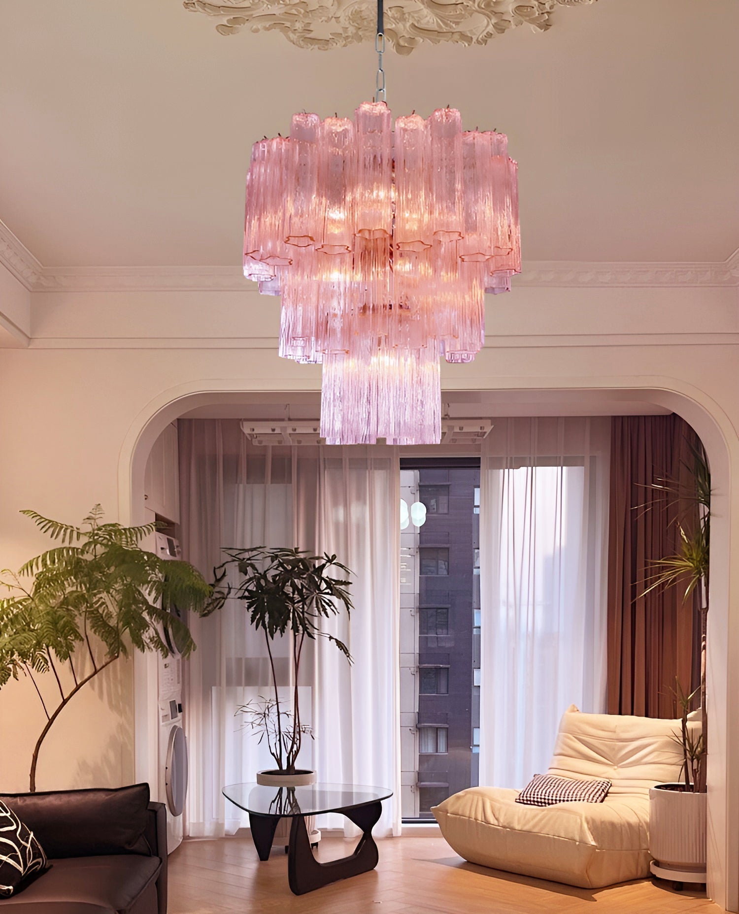 Aurora Chandelier Pink Glass Tubes Layered Modern - Letslighting