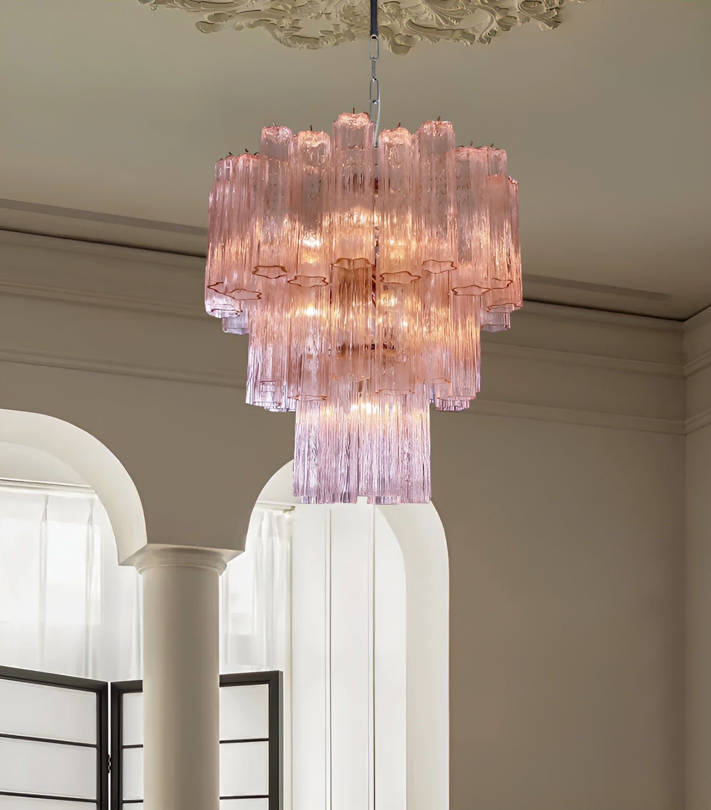 Aurora Chandelier Pink Glass Tubes Layered Modern - Letslighting