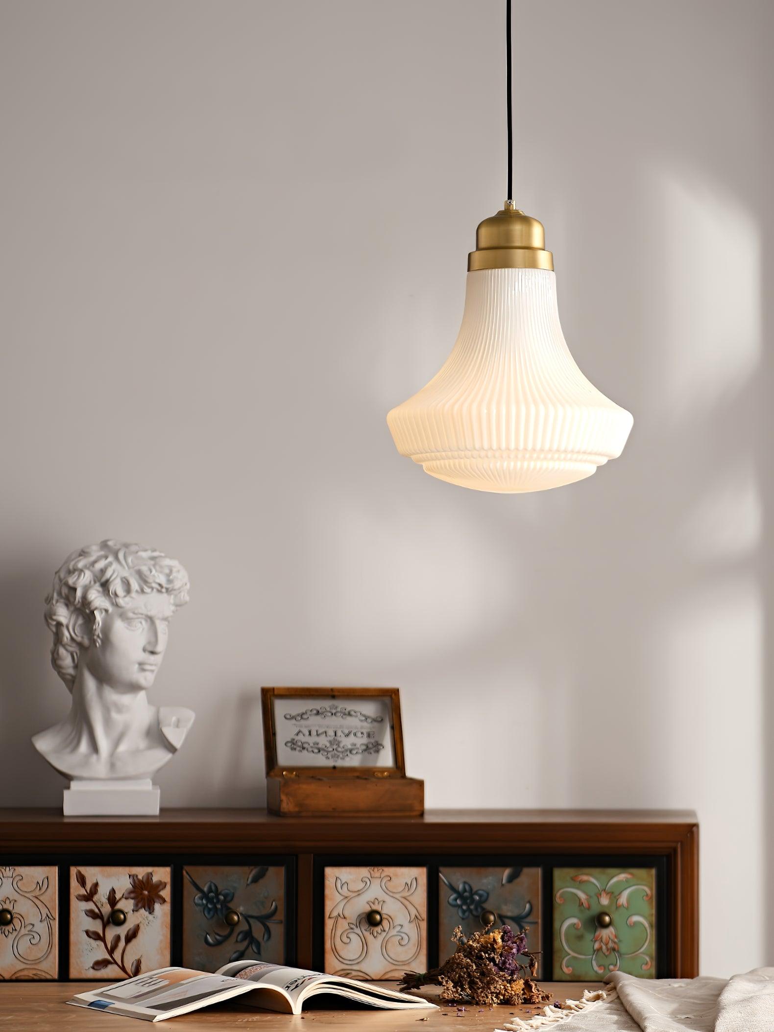 Solara Pendant Lamp Opal Glass Ribbed Bell Brass Vintage - Letslighting