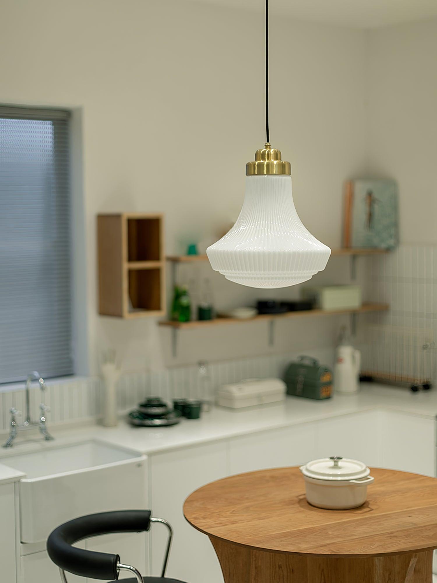 Solara Pendant Lamp Opal Glass Ribbed Bell Brass Vintage - Letslighting
