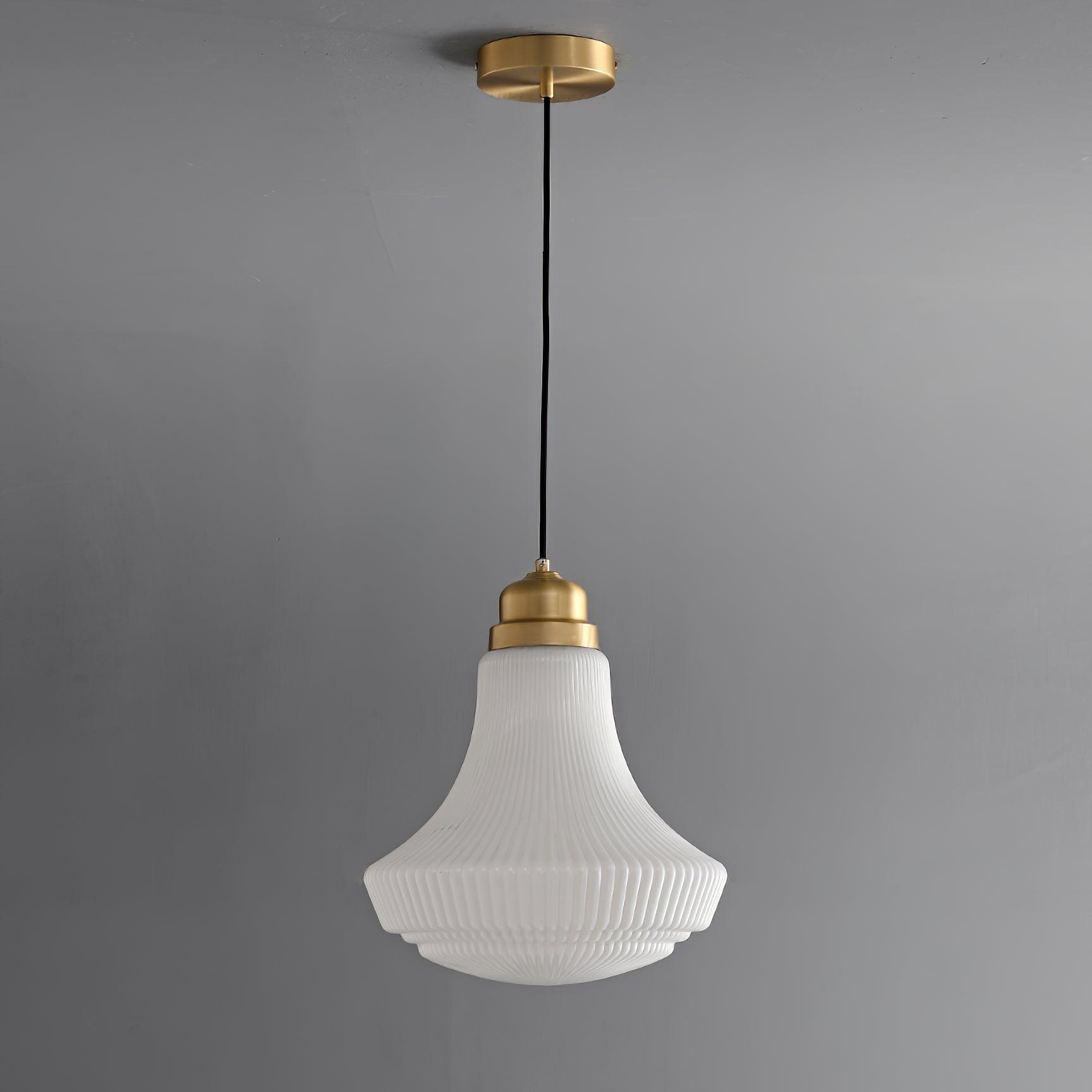 Solara Pendant Lamp Opal Glass Ribbed Bell Brass Vintage - Letslighting