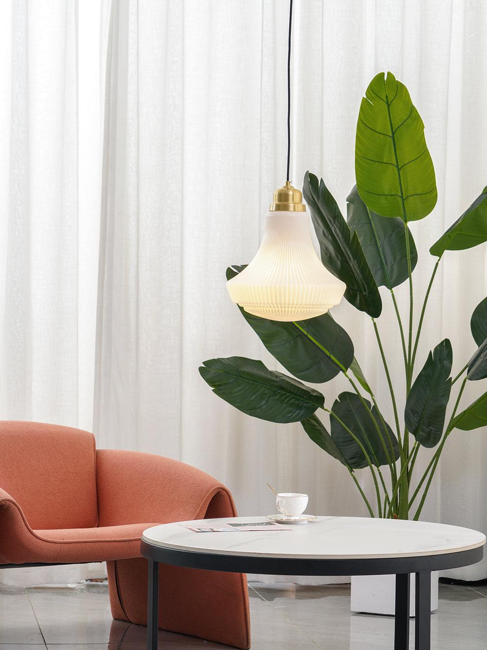 Solara Pendant Lamp Opal Glass Ribbed Bell Brass Vintage - Letslighting