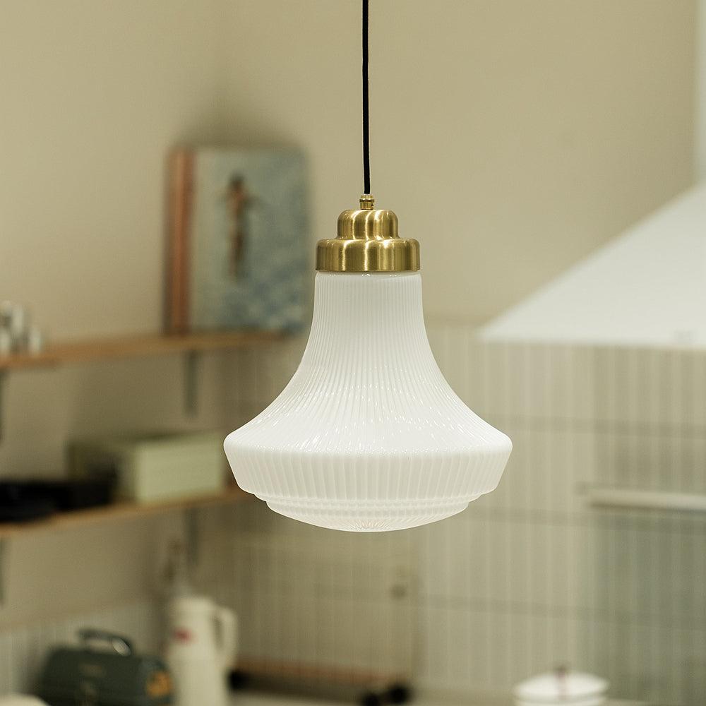 Solara Pendant Lamp Opal Glass Ribbed Bell Brass Vintage - Letslighting