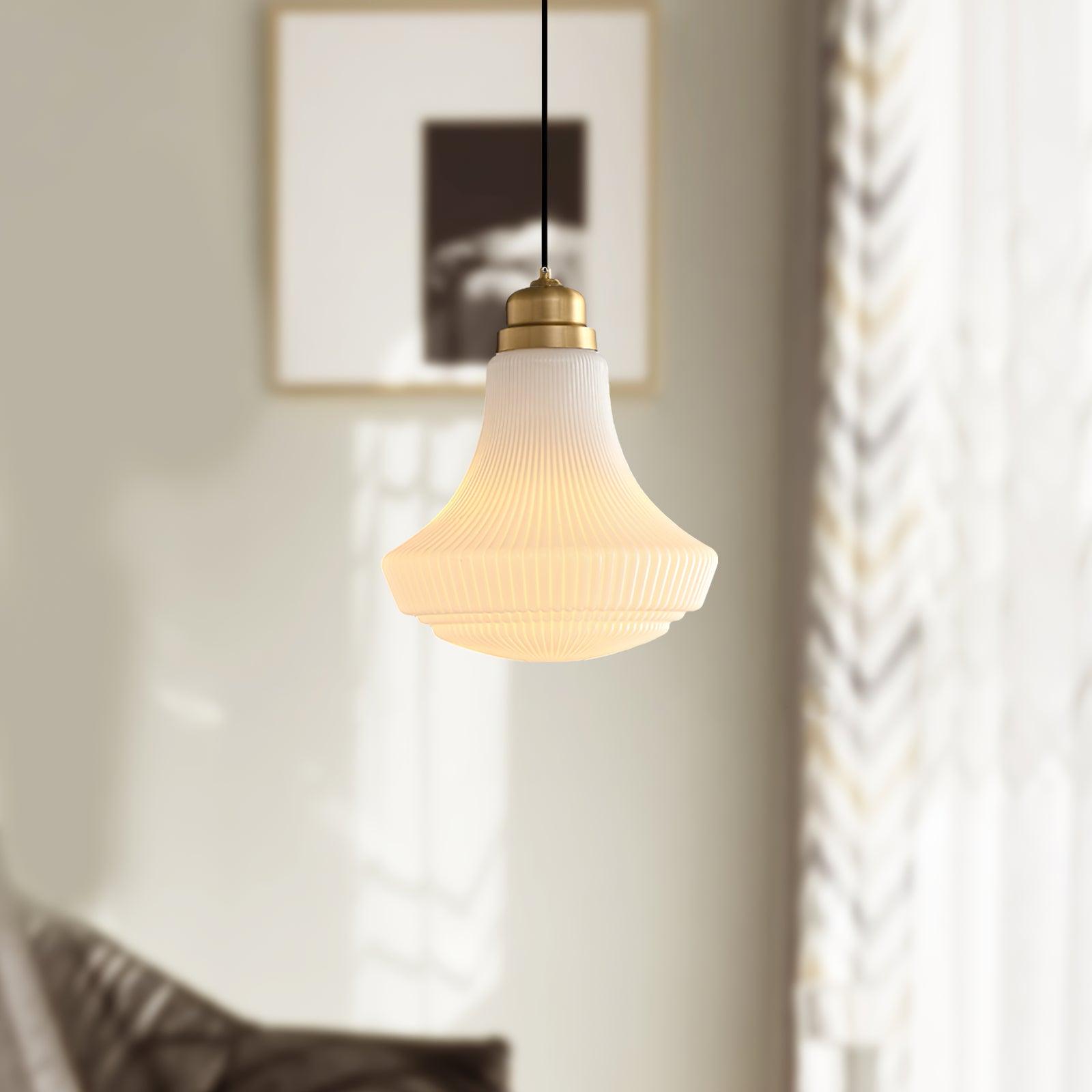 Solara Pendant Lamp Opal Glass Ribbed Bell Brass Vintage - Letslighting