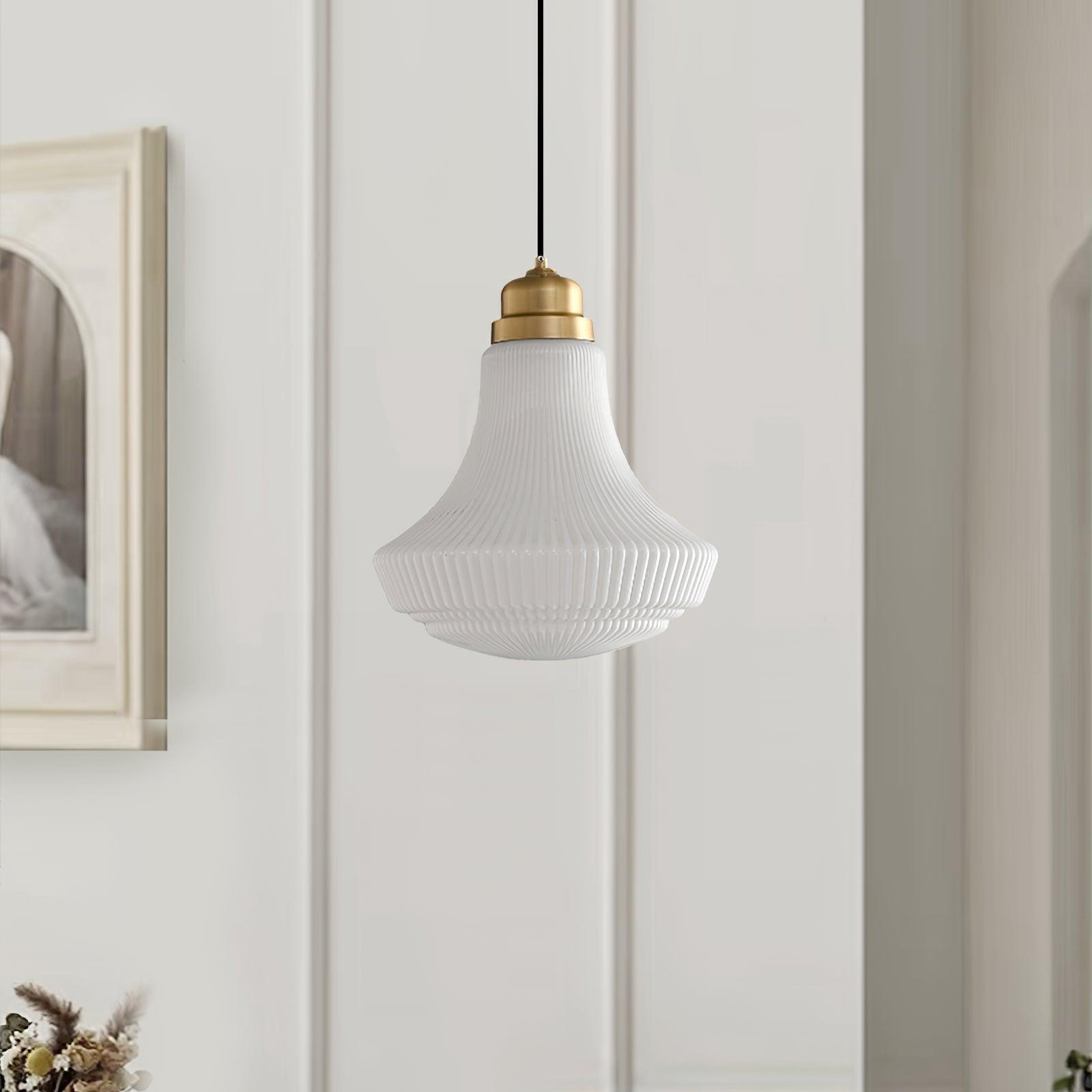 Solara Pendant Lamp Opal Glass Ribbed Bell Brass Vintage - Letslighting