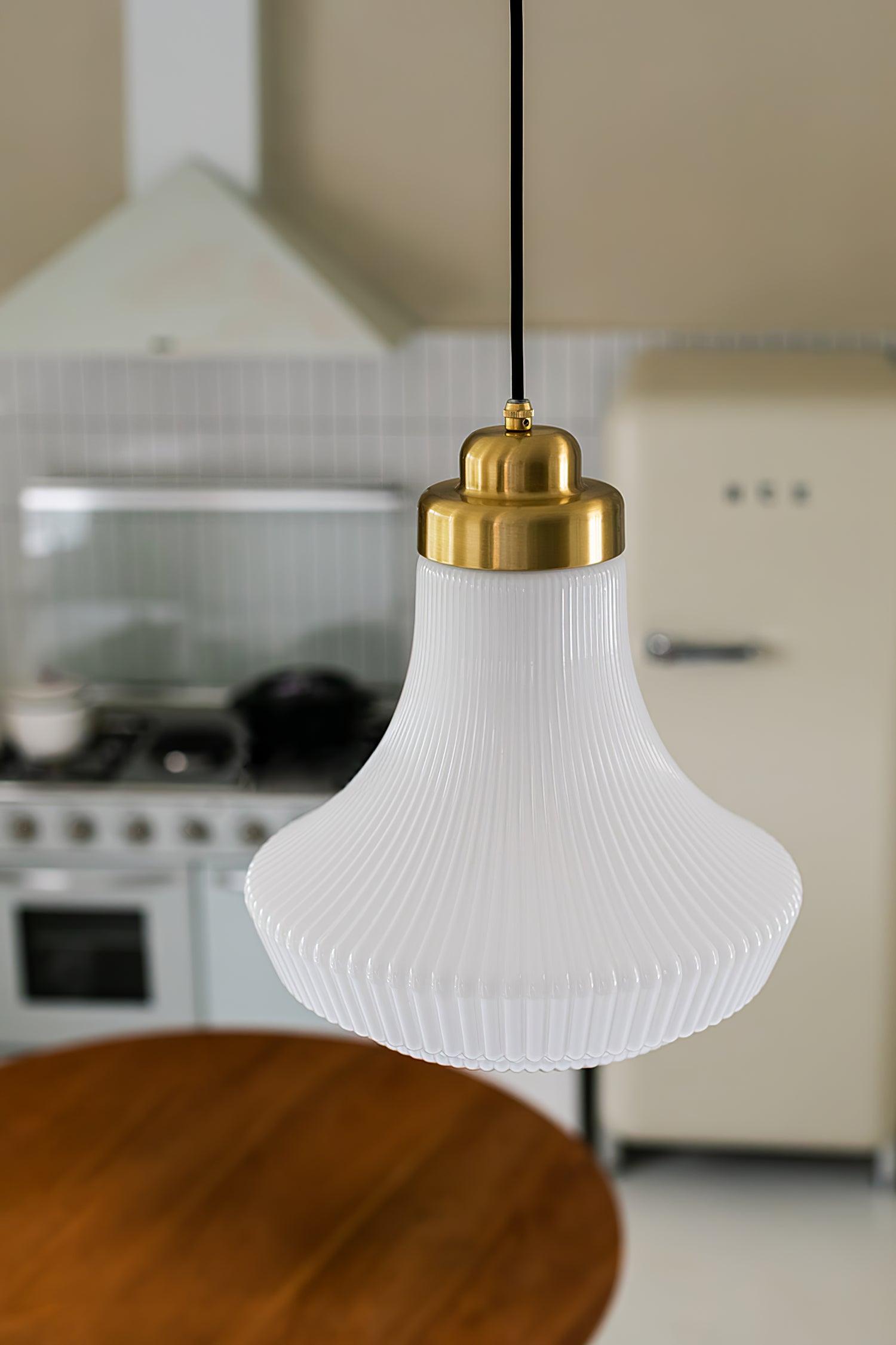Solara Pendant Lamp Opal Glass Ribbed Bell Brass Vintage - Letslighting