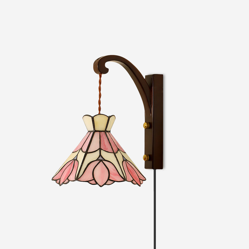 Wall Lamp Plug In Tiffany Stained Glass Floral Shade Wooden Bracket Vintage