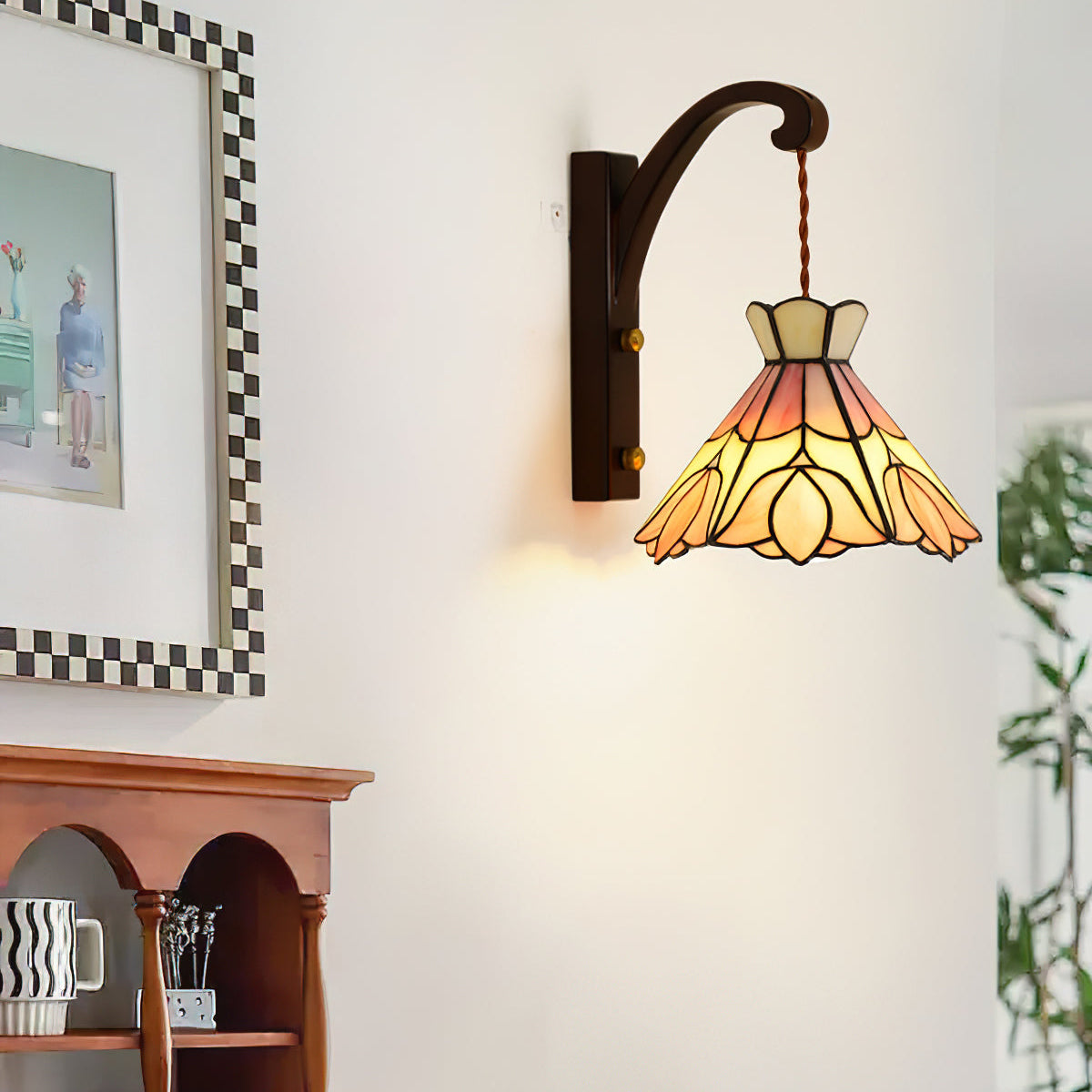 Wall Lamp Plug In Tiffany Stained Glass Floral Shade Wooden Bracket Vintage - Letslighting