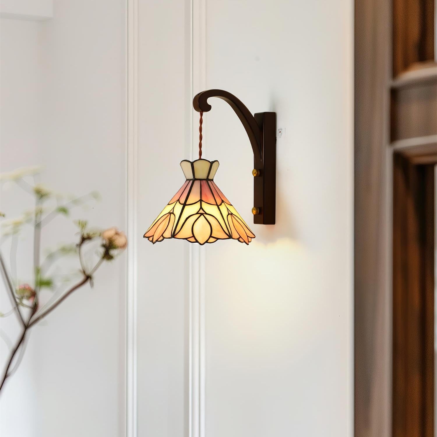 Wall Lamp Plug In Tiffany Stained Glass Floral Shade Wooden Bracket Vintage - Letslighting