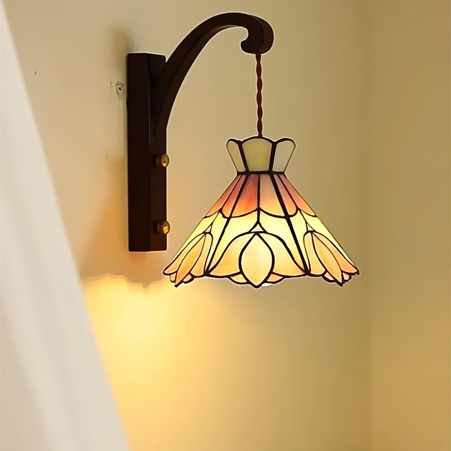 Wall Lamp Plug In Tiffany Stained Glass Floral Shade Wooden Bracket Vintage - Letslighting