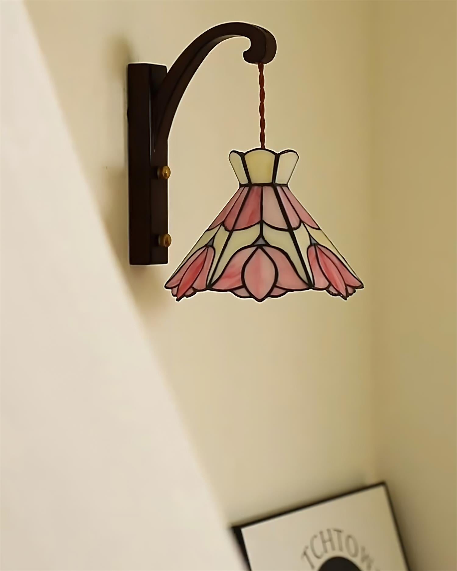 Wall Lamp Plug In Tiffany Stained Glass Floral Shade Wooden Bracket Vintage