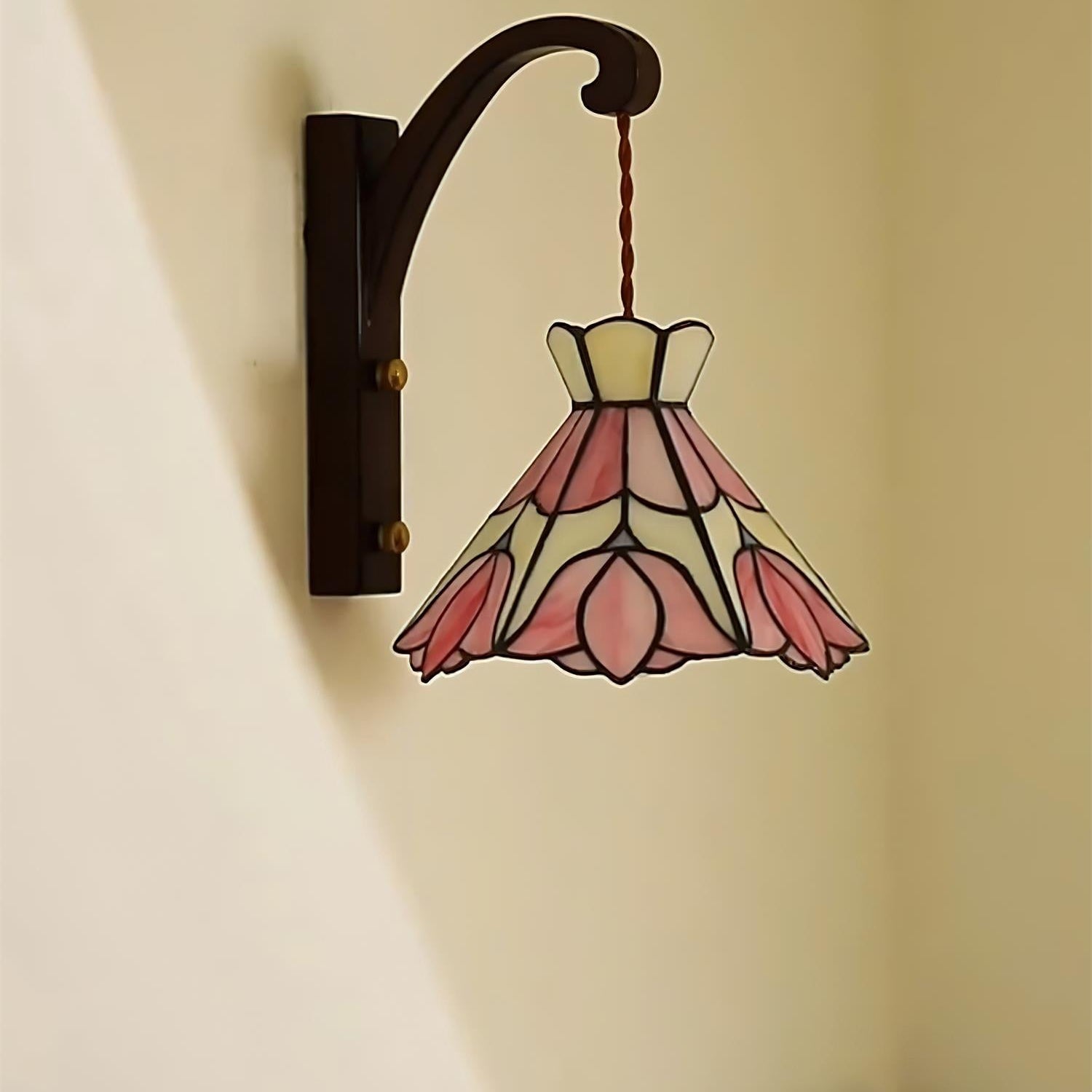 Wall Lamp Plug In Tiffany Stained Glass Floral Shade Wooden Bracket Vintage - Letslighting