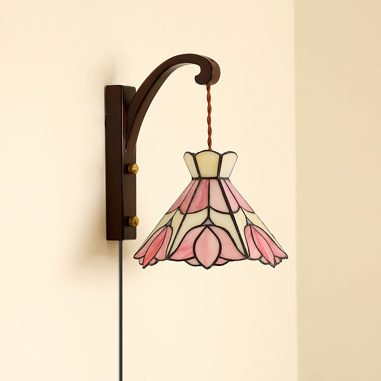 Wall Lamp Plug In Tiffany Stained Glass Floral Shade Wooden Bracket Vintage