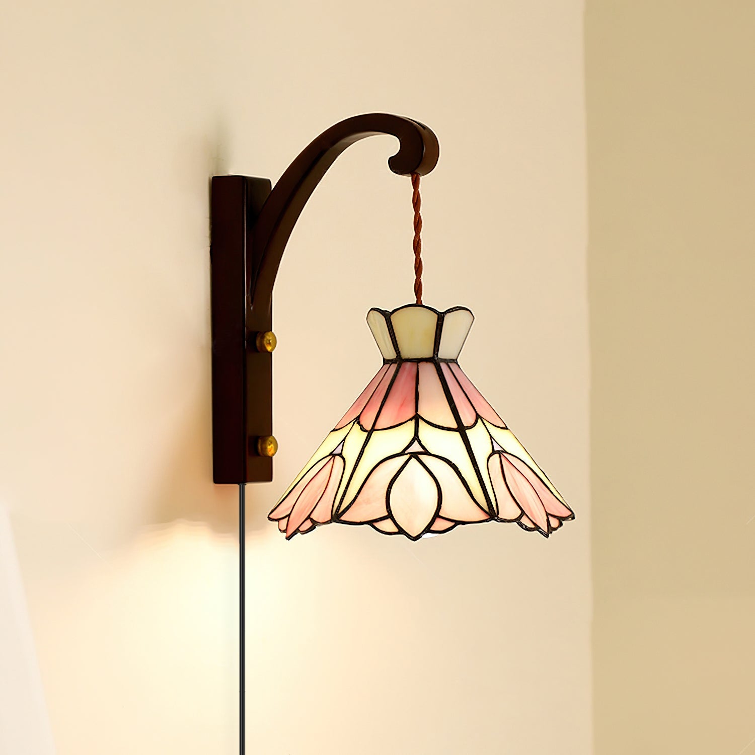 Wall Lamp Plug In Tiffany Stained Glass Floral Shade Wooden Bracket Vintage