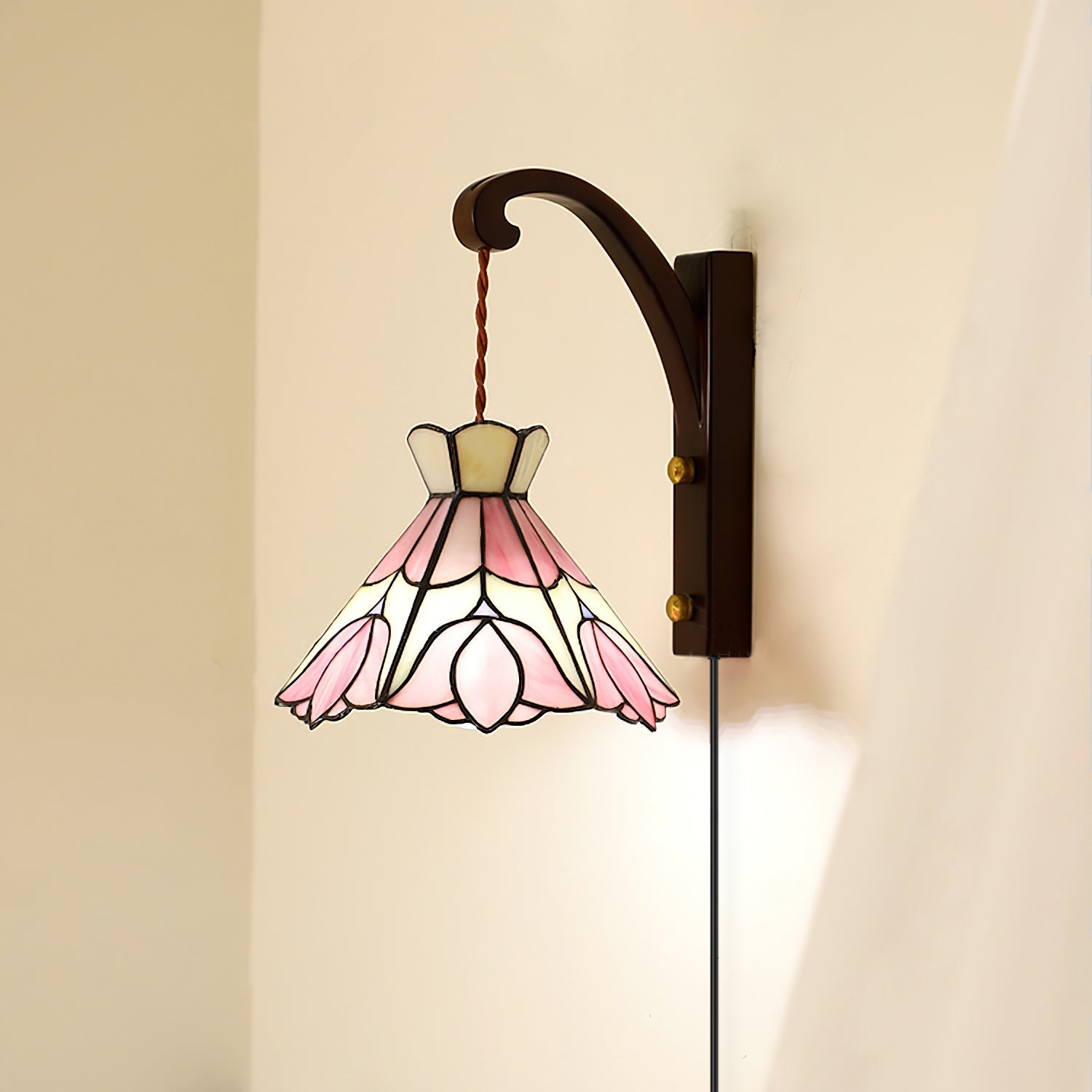 Wall Lamp Plug In Tiffany Stained Glass Floral Shade Wooden Bracket Vintage