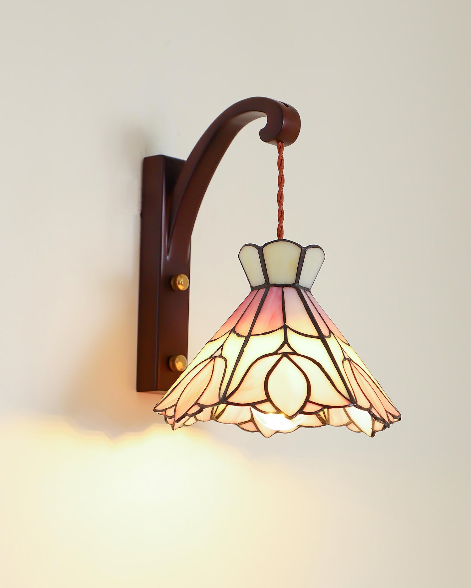 Wall Lamp Plug In Tiffany Stained Glass Floral Shade Wooden Bracket Vintage