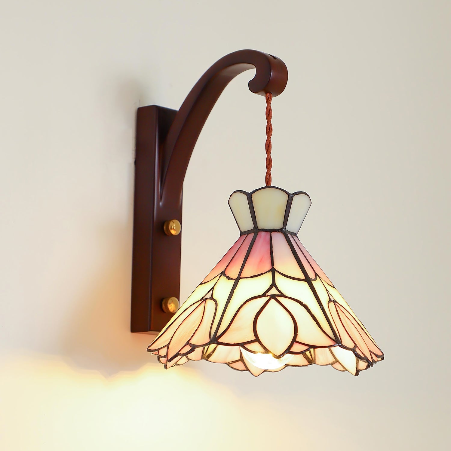 Wall Lamp Plug In Tiffany Stained Glass Floral Shade Wooden Bracket Vintage - Letslighting