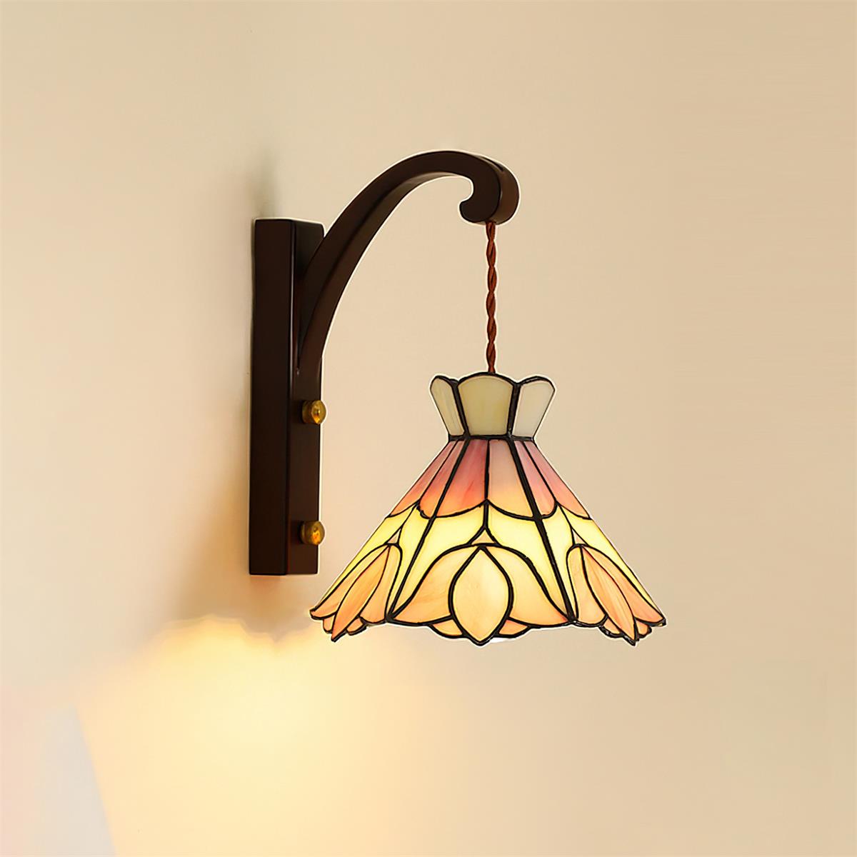 Wall Lamp Plug In Tiffany Stained Glass Floral Shade Wooden Bracket Vintage