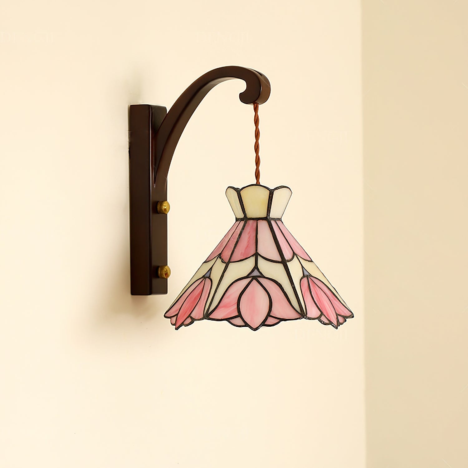 Wall Lamp Wood Body Tiffany Glass Shade Pink Floral Vintage Art - Letslighting