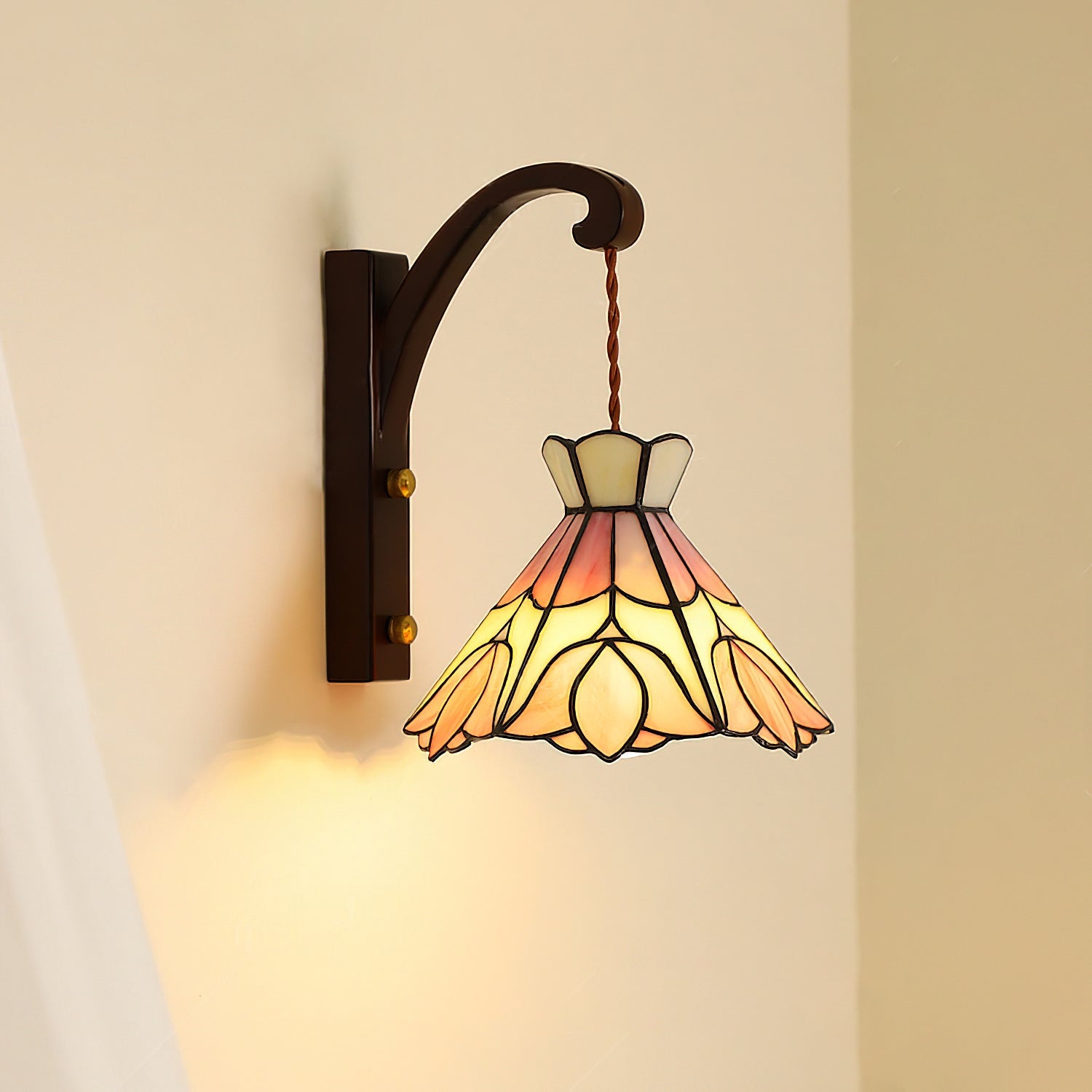Wall Lamp Wood Body Tiffany Glass Shade Pink Floral Vintage Art - Letslighting