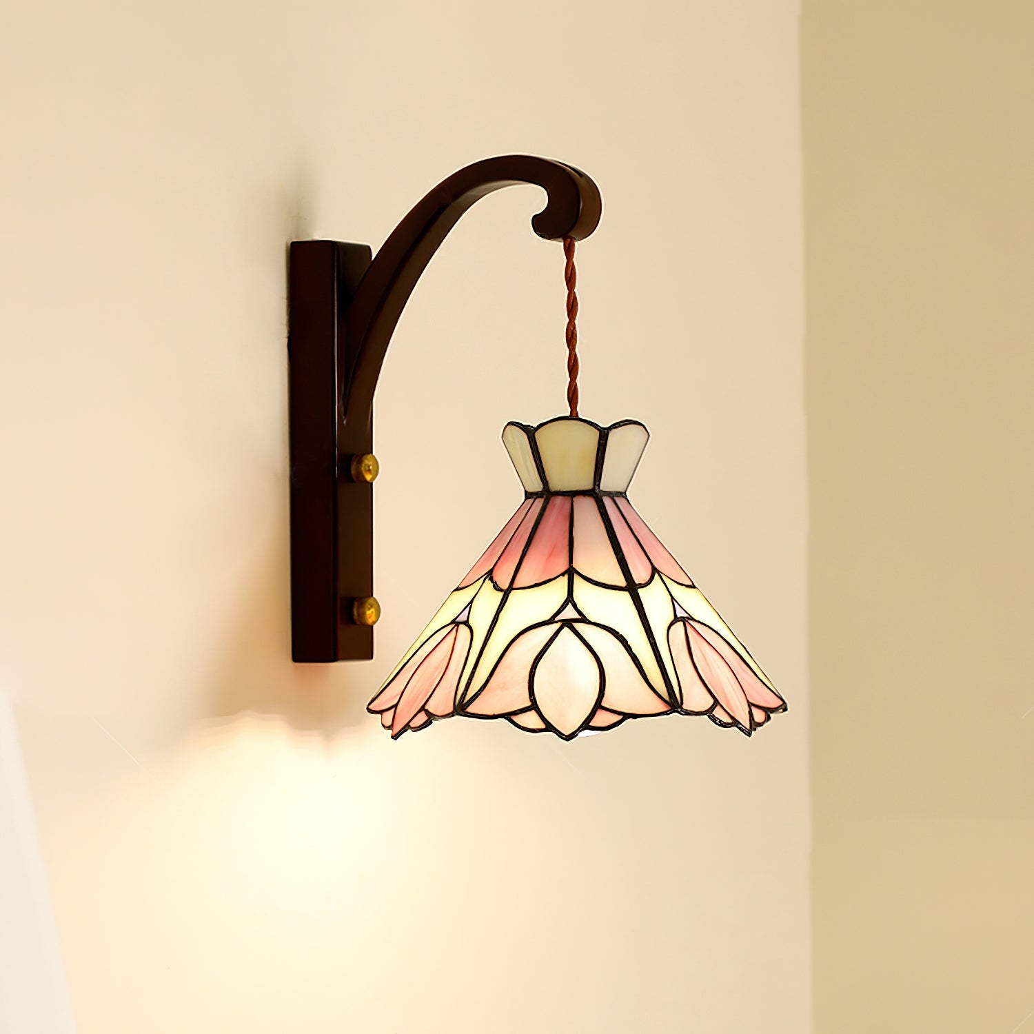 Wall Lamp Wood Body Tiffany Glass Shade Pink Floral Vintage Art - Letslighting
