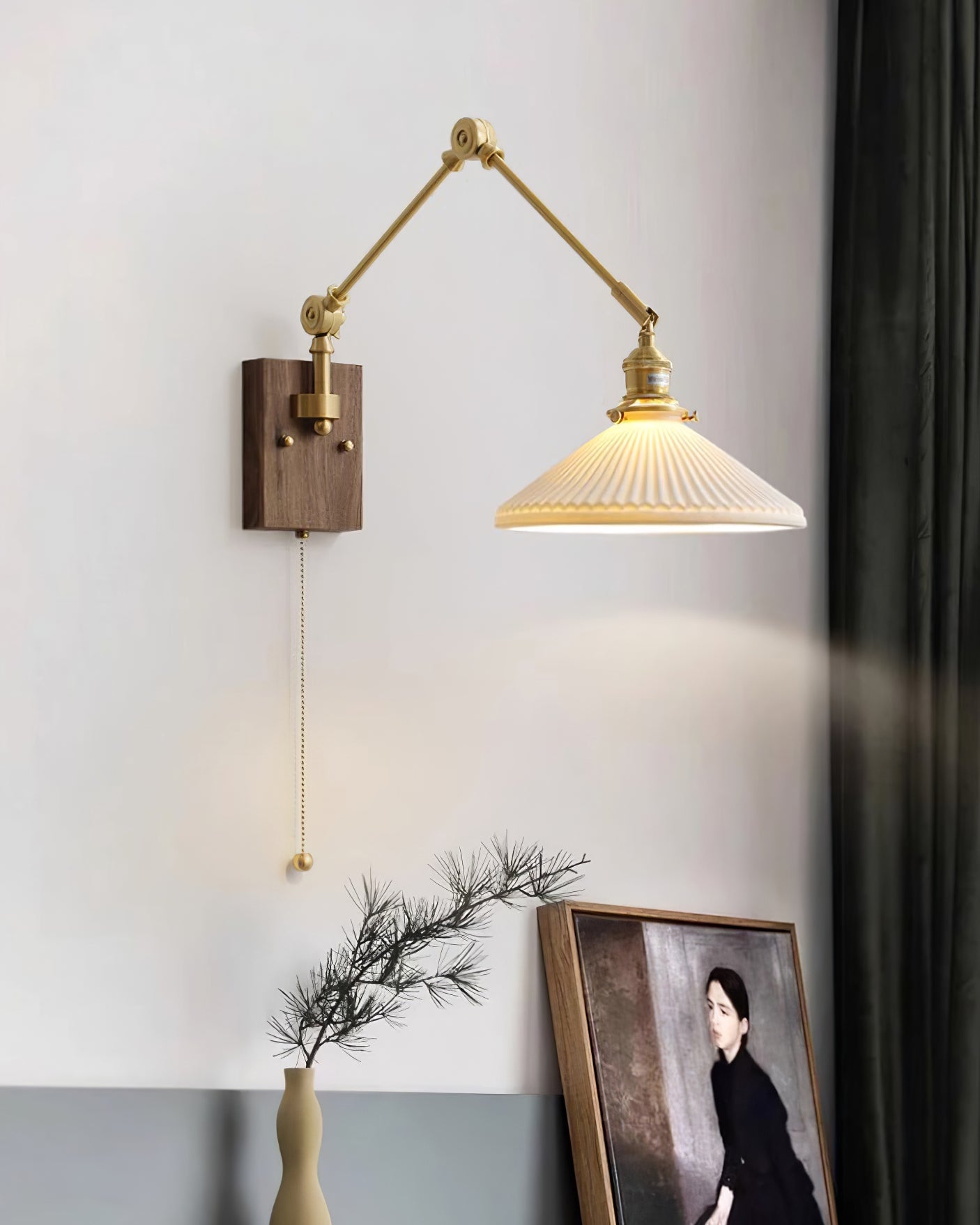 Wall Lamp Adjustable Arm Pleated Shade Walnut Base Vintage Task - Letslighting