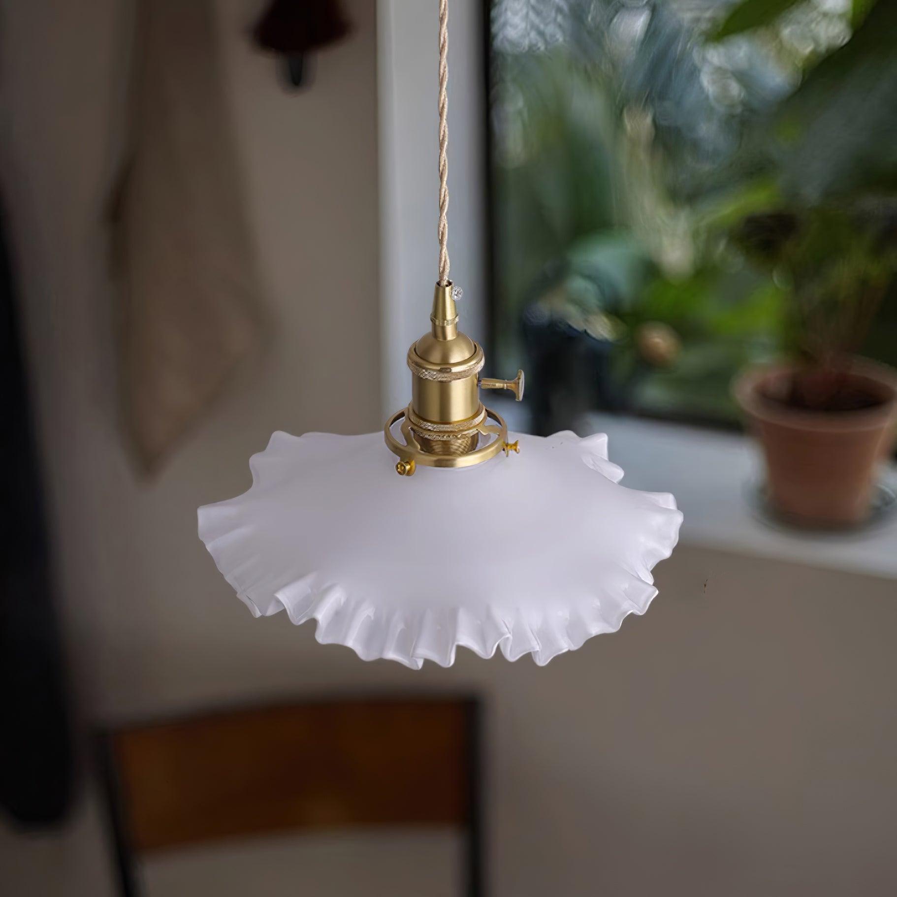 Pendant Lamp Glass Ruffle Shade Brass Warm Glow - Letslighting