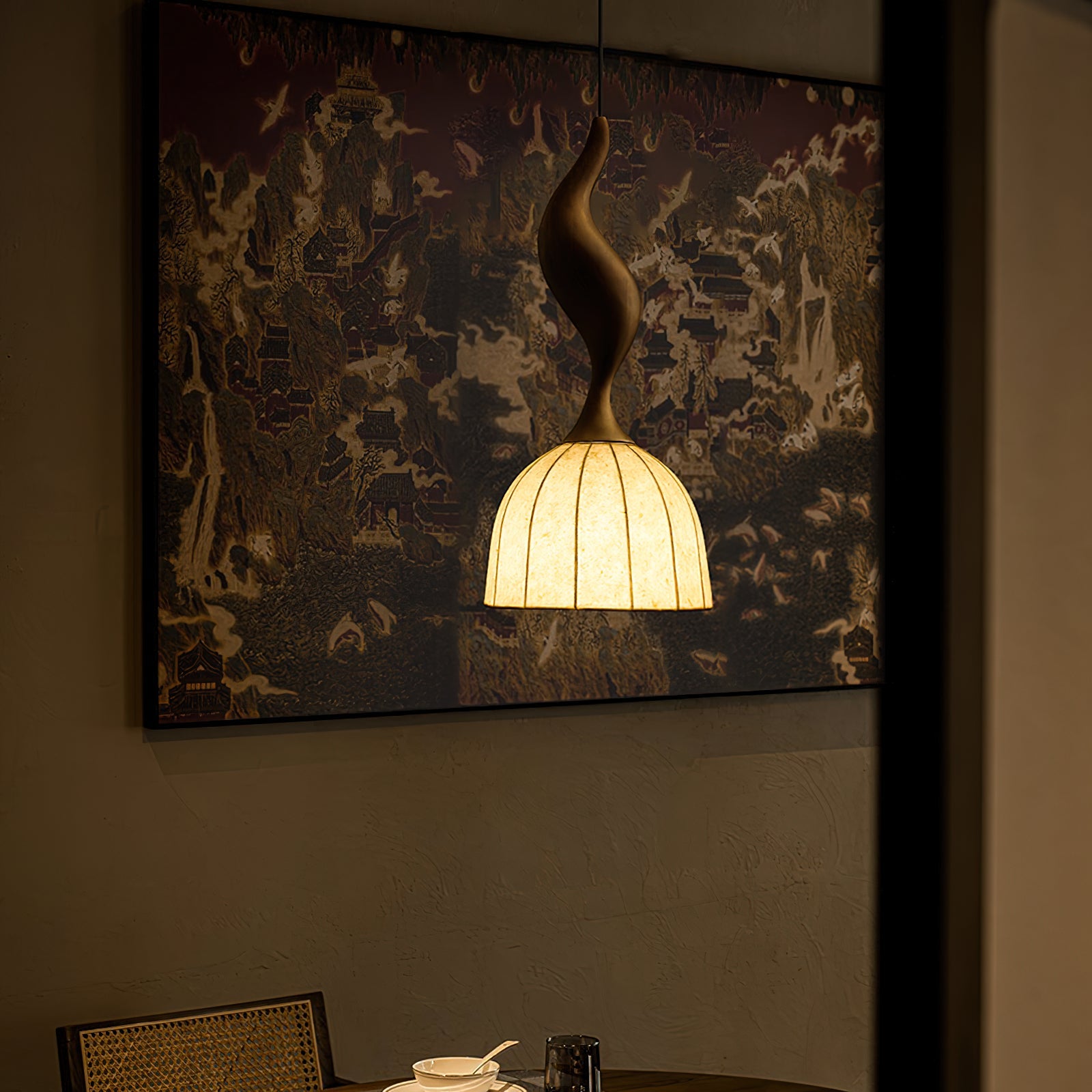 Solia Pendant Lamp Curved Stem & Fabric Wooden - Letslighting
