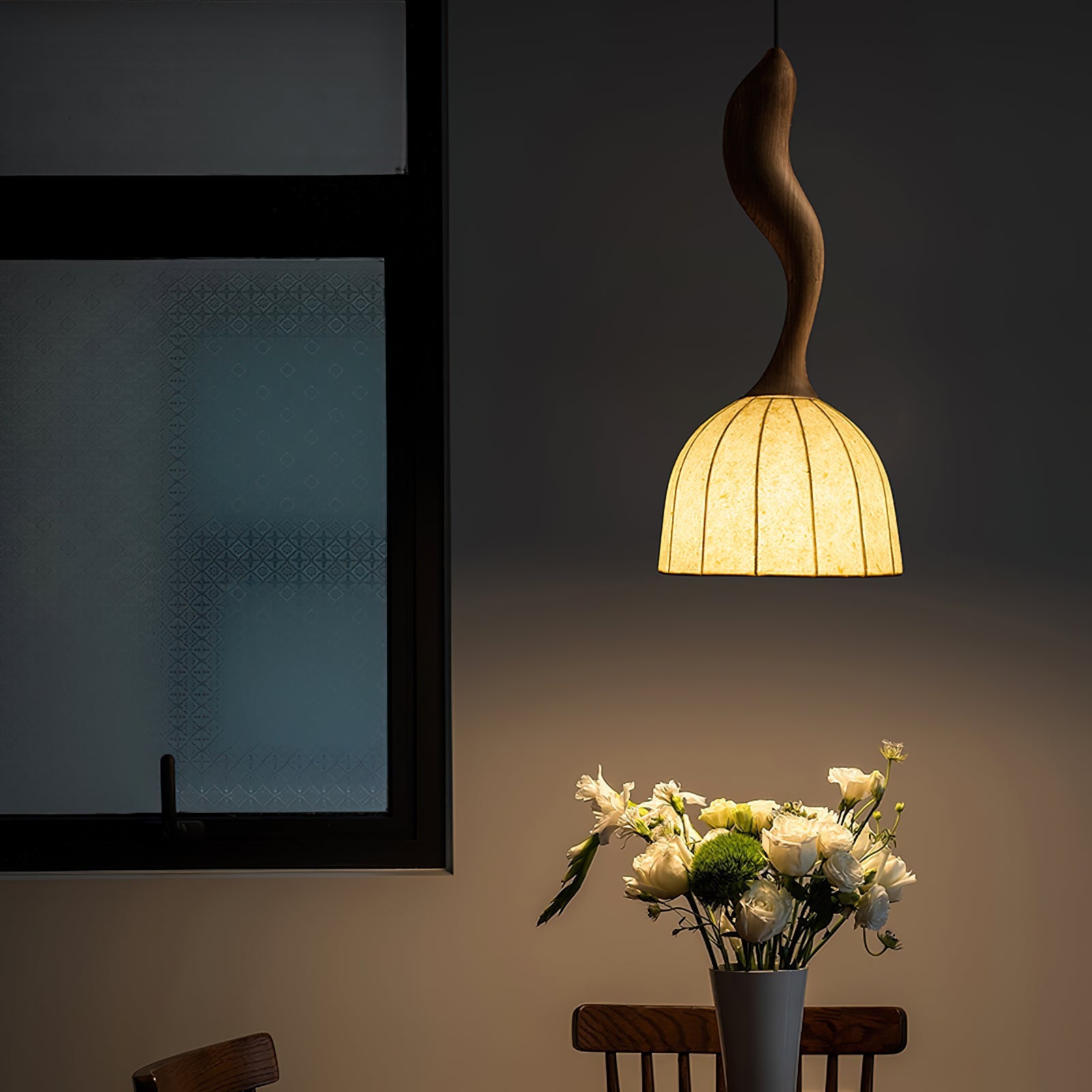 Solia Pendant Lamp Curved Stem & Fabric Wooden - Letslighting