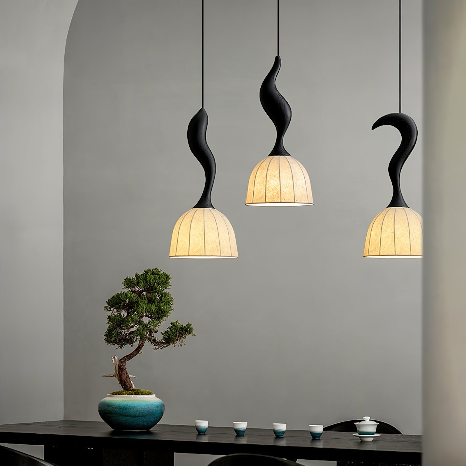 Solia Pendant Lamp Curved Stem & Fabric Wooden - Letslighting