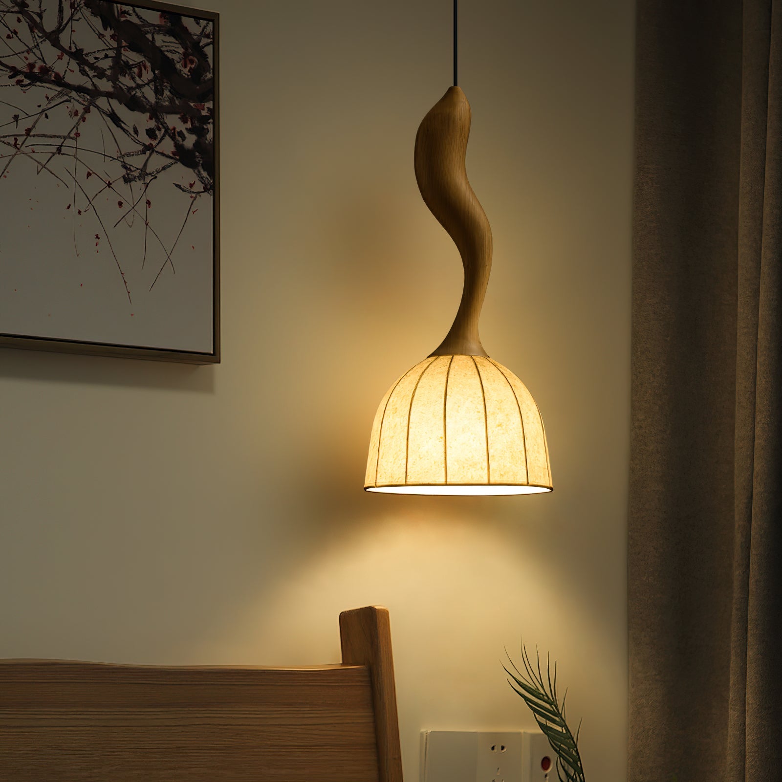 Solia Pendant Lamp Curved Stem & Fabric Wooden - Letslighting