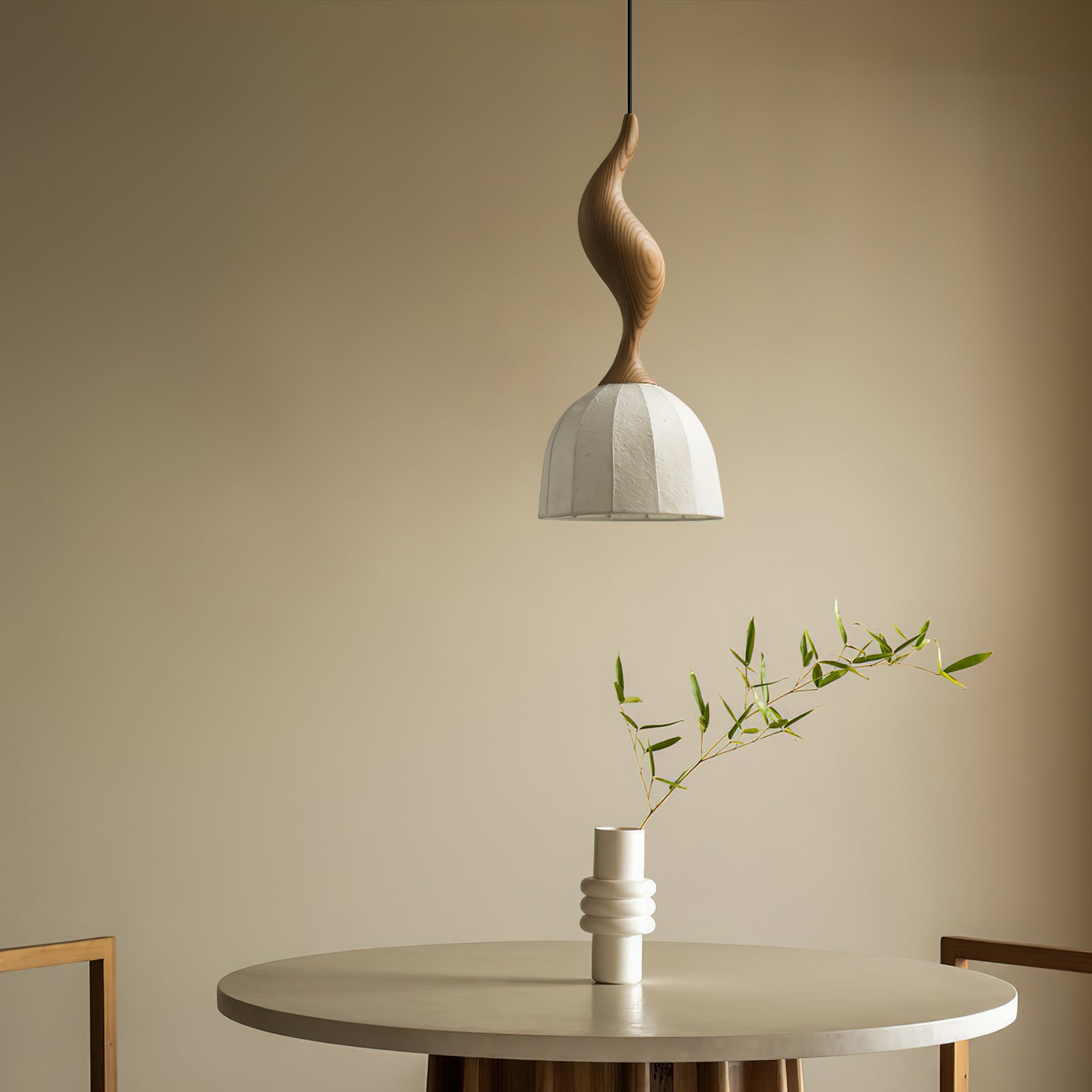 Solia Pendant Lamp Curved Stem & Fabric Wooden - Letslighting