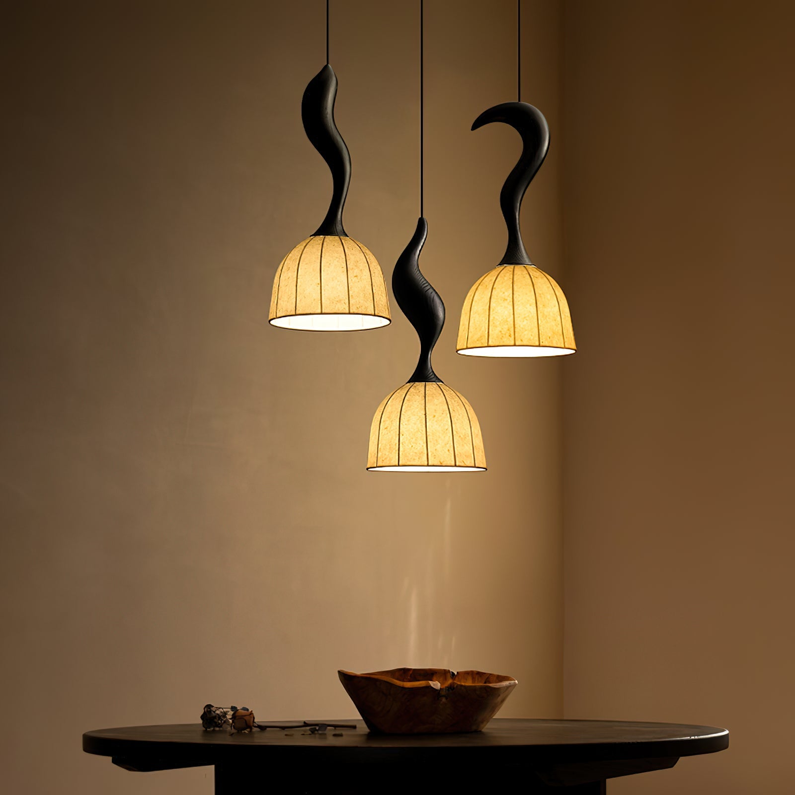 Solia Pendant Lamp Curved Stem & Fabric Wooden - Letslighting